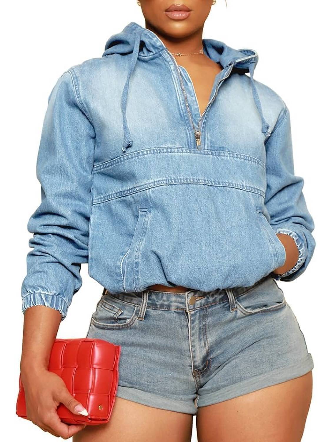 Women's Half Zip Denim Hoodie Pullover Jackets Jean Tops