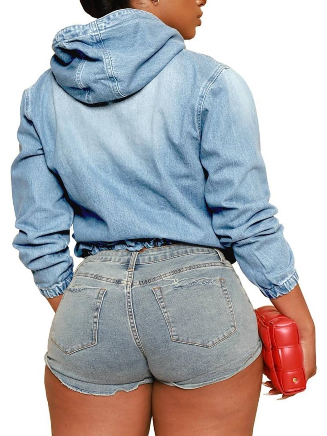 Women's Half Zip Denim Hoodie Pullover Jackets Jean Tops