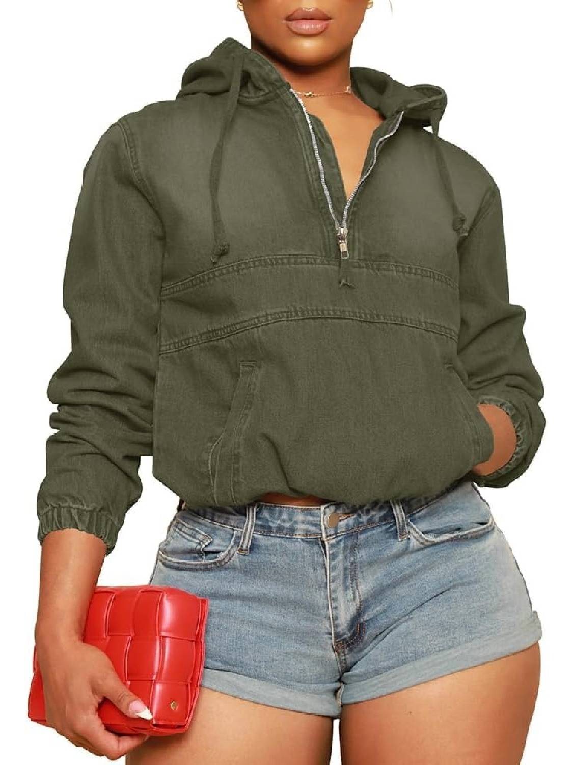 Women's Half Zip Denim Hoodie Pullover Jackets Jean Tops