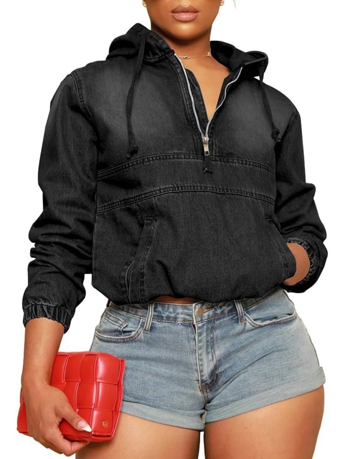 Women's Half Zip Denim Hoodie Pullover Jackets Jean Tops