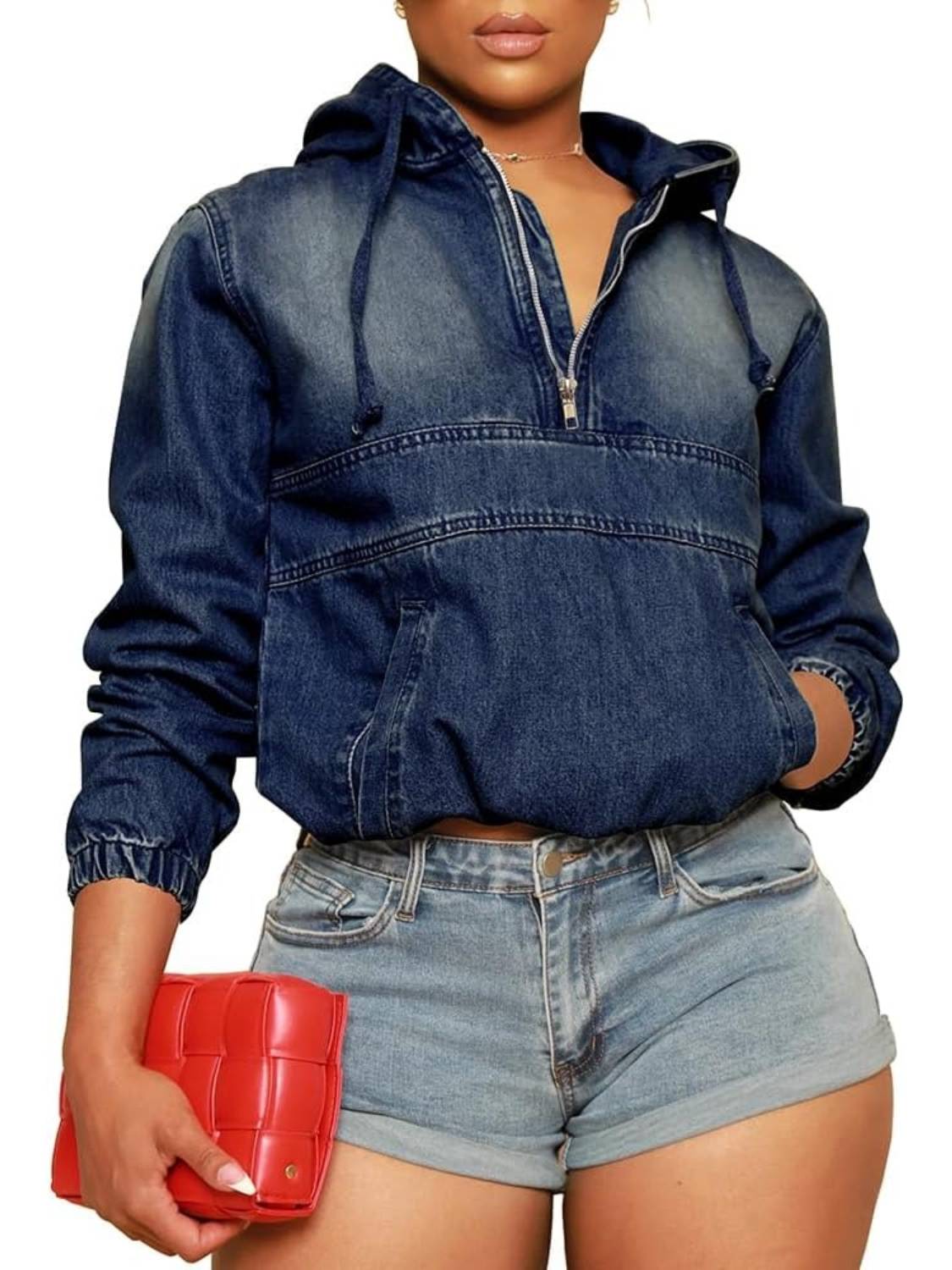 Women's Half Zip Denim Hoodie Pullover Jackets Jean Tops