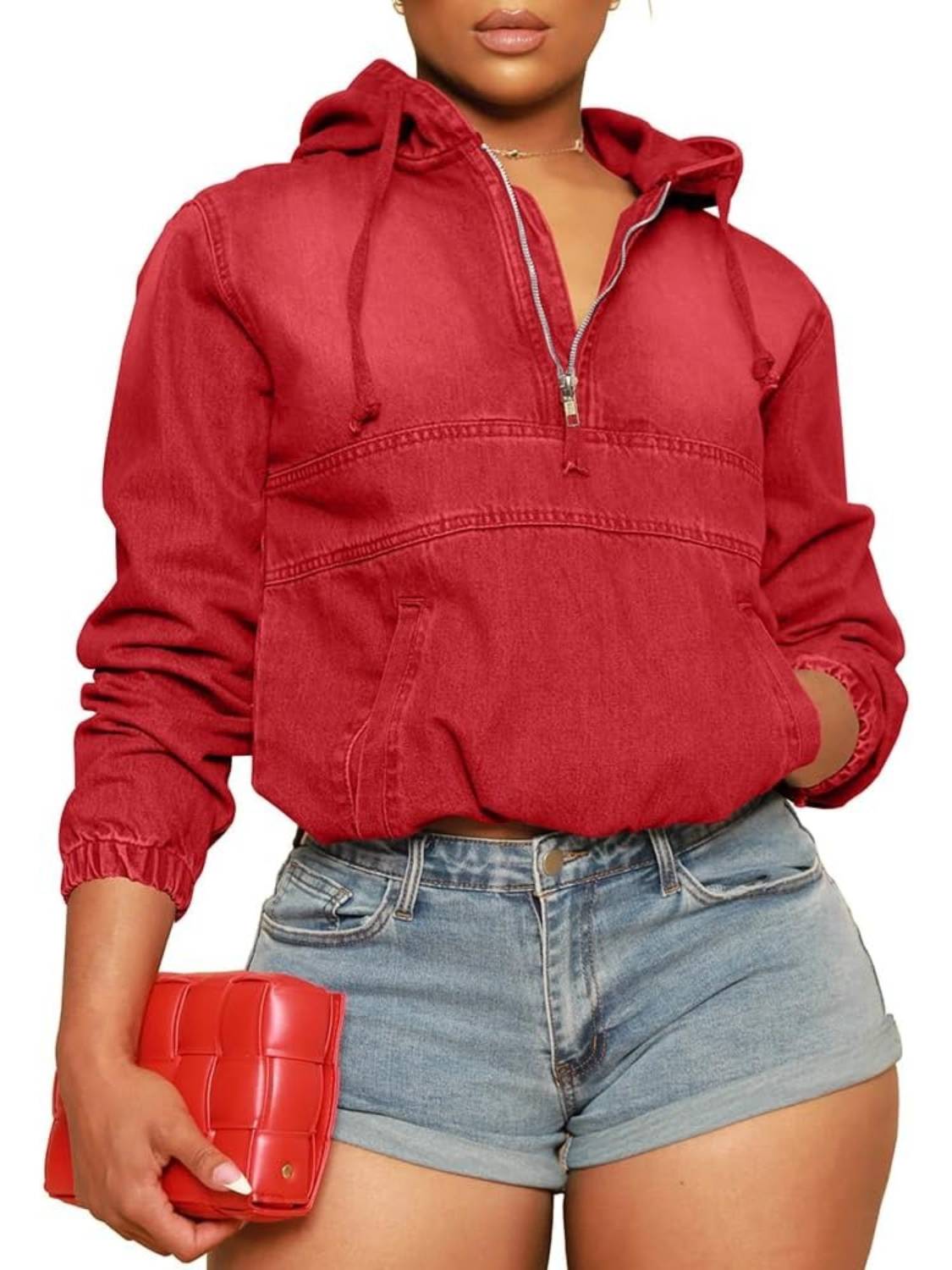 Women's Half Zip Denim Hoodie Pullover Jackets Jean Tops