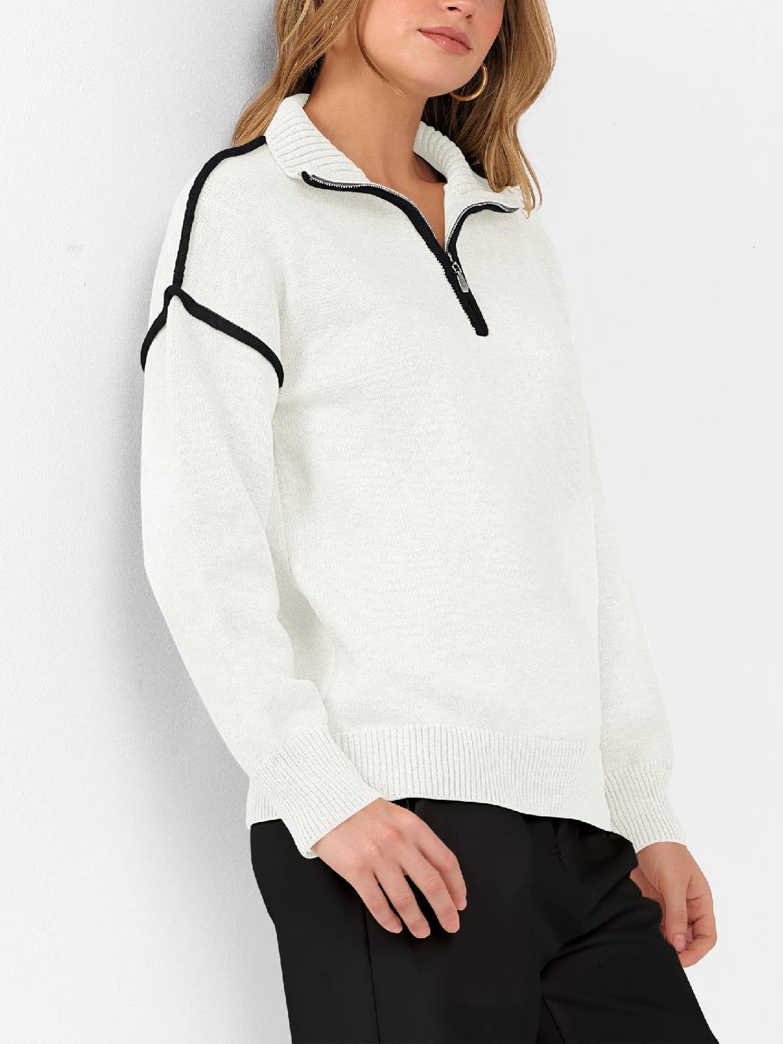 Womens Quarter Zip V Neck Shirts Collared Tops Knit Pullover Sweatshirts