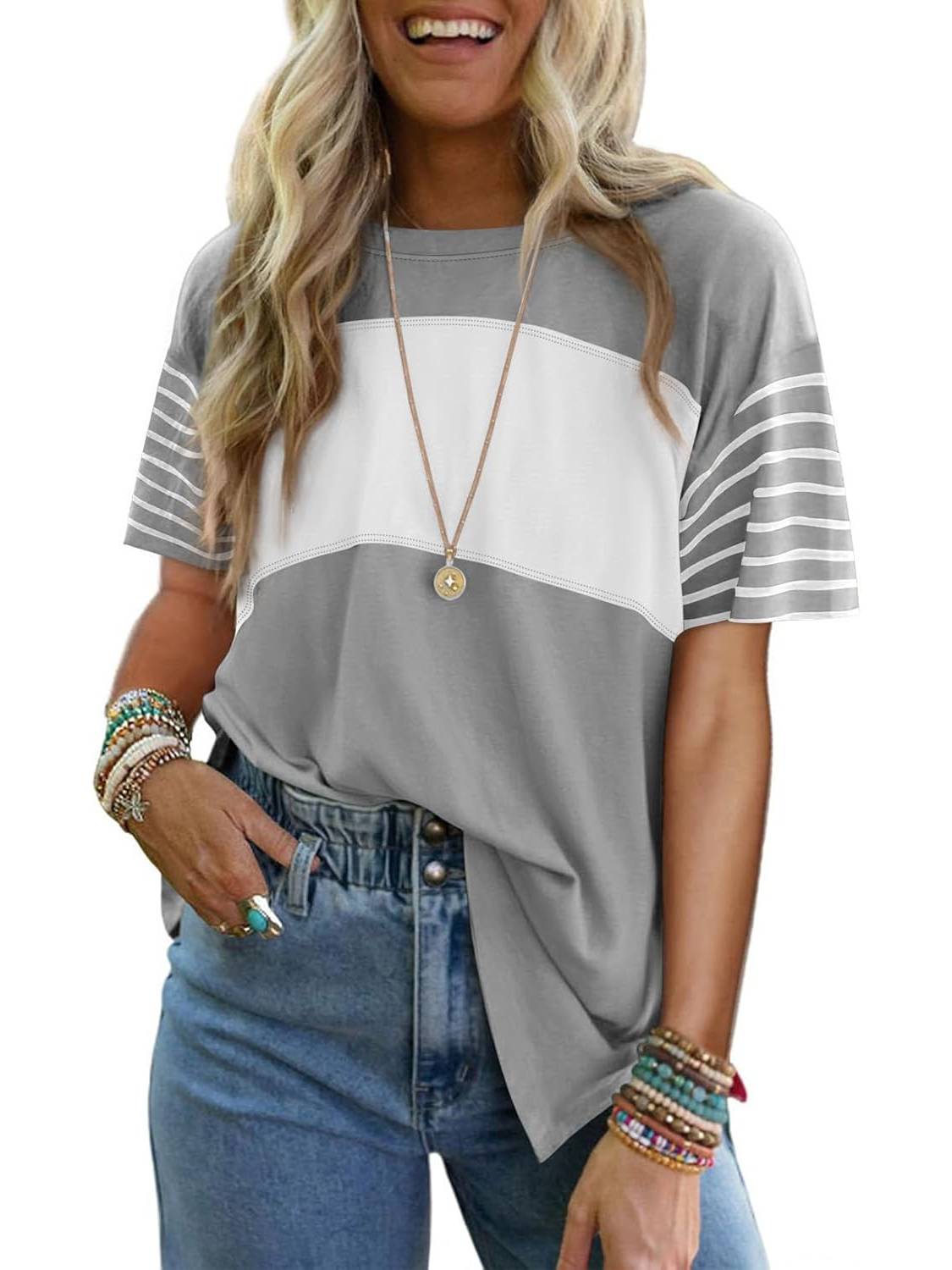 Womens Oversized Crewneck Casual Color Block Striped Shirts Blouses