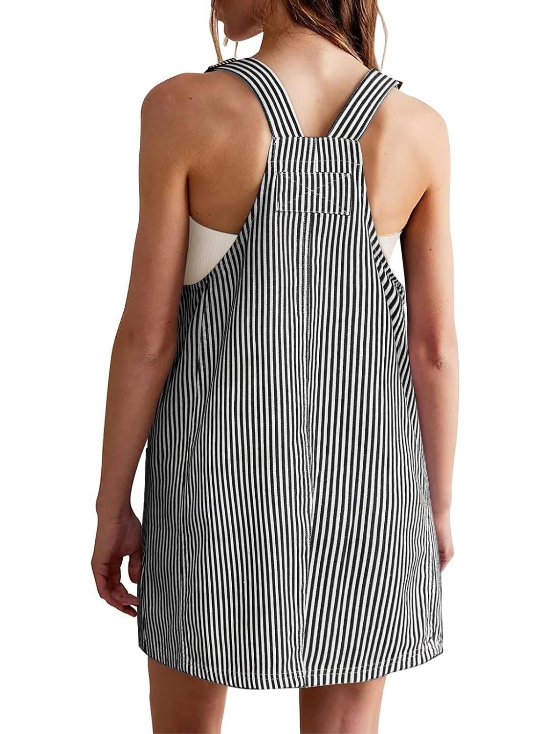 Womens Adjustable Straps Casual Denim Dress Summer Striped Overalls Romper
