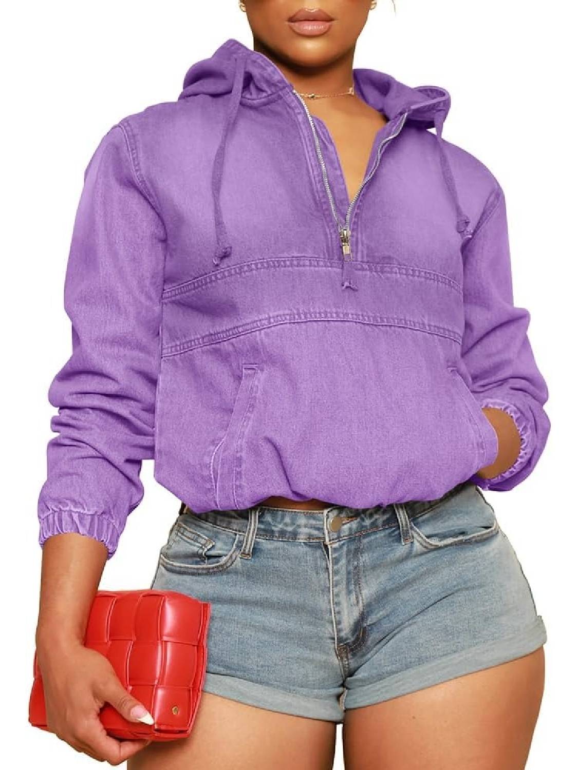 Women's Half Zip Denim Hoodie Pullover Jackets Jean Tops