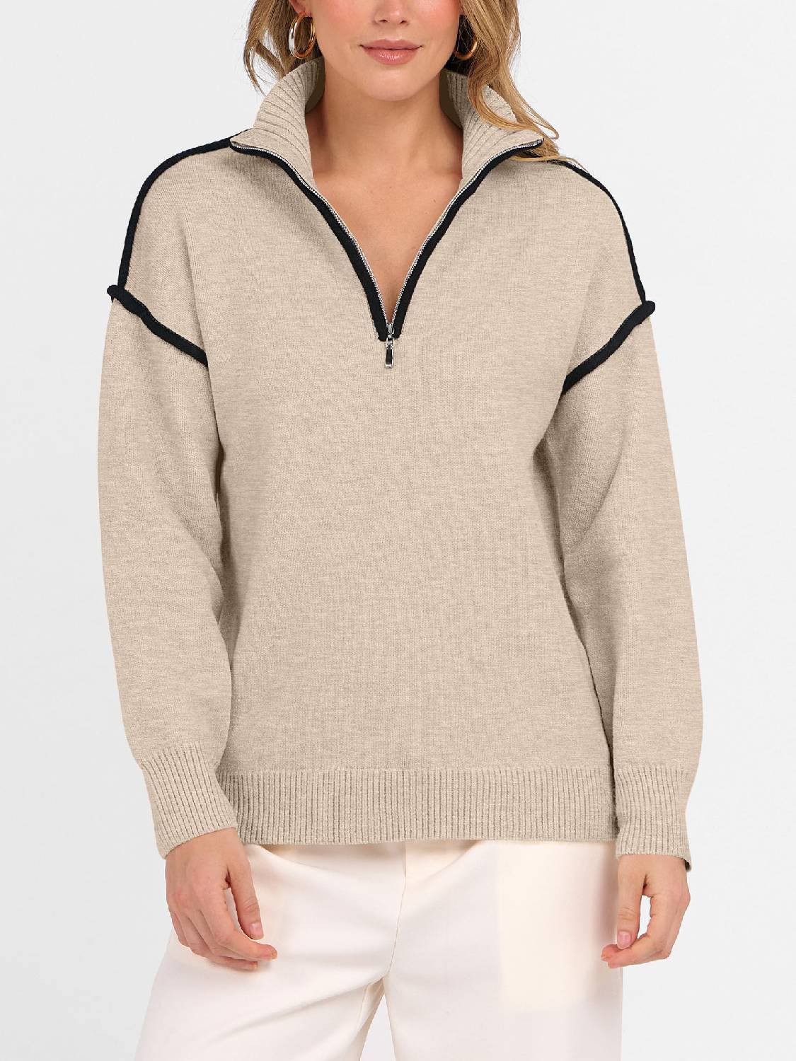 Womens Quarter Zip V Neck Shirts Collared Tops Knit Pullover Sweatshirts