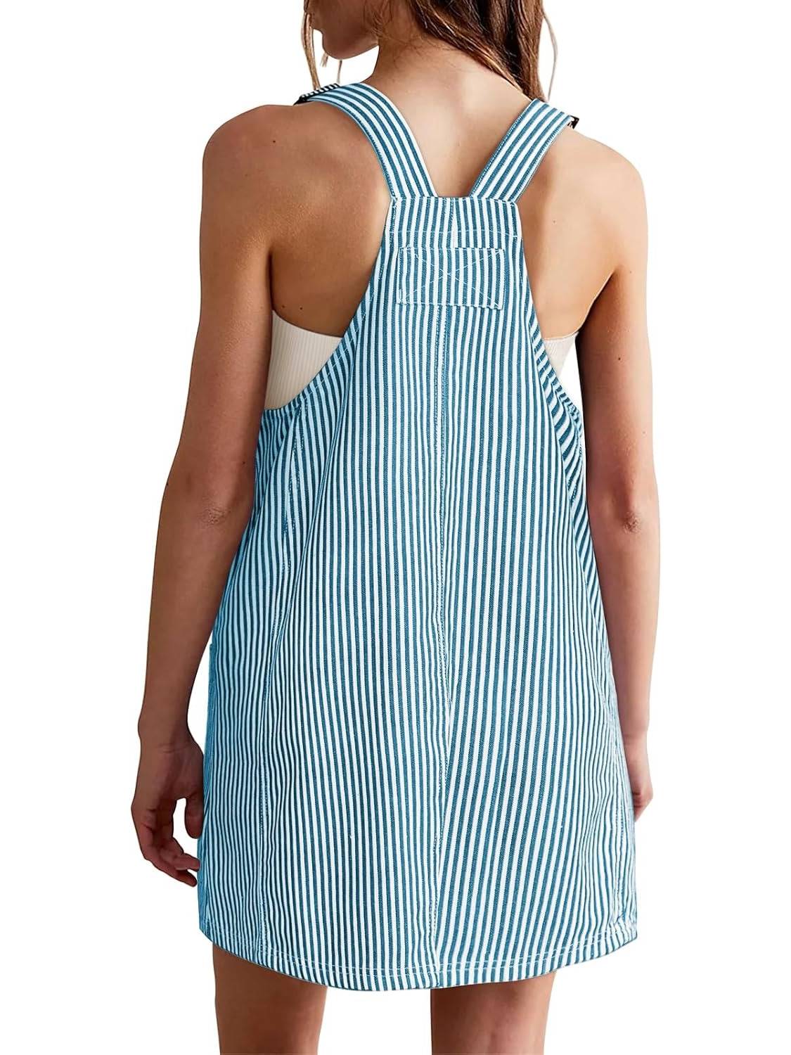 Womens Adjustable Straps Casual Denim Dress Summer Striped Overalls Romper