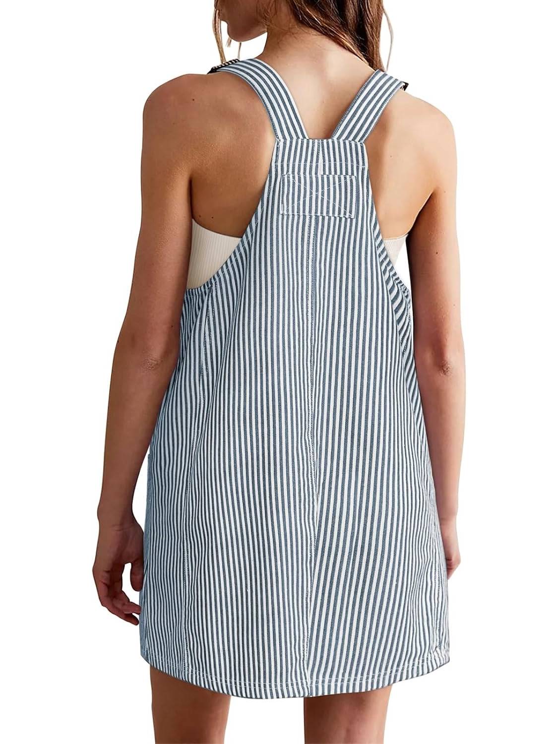 Womens Adjustable Straps Casual Denim Dress Summer Striped Overalls Romper