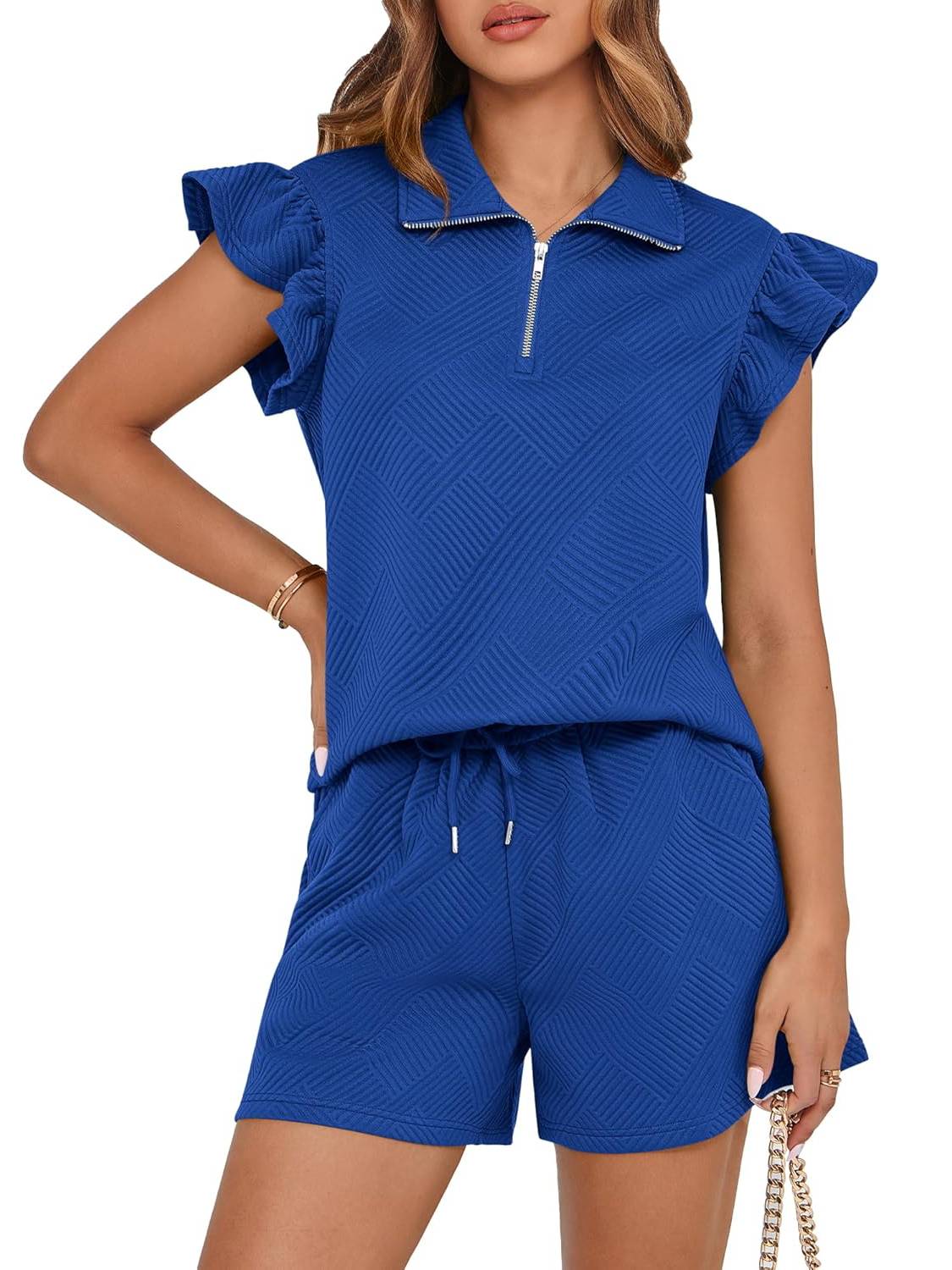 Women's Sweatsuit Zipper V Neck Ruffle Tops and Drawstring Shorts Lounge Sets