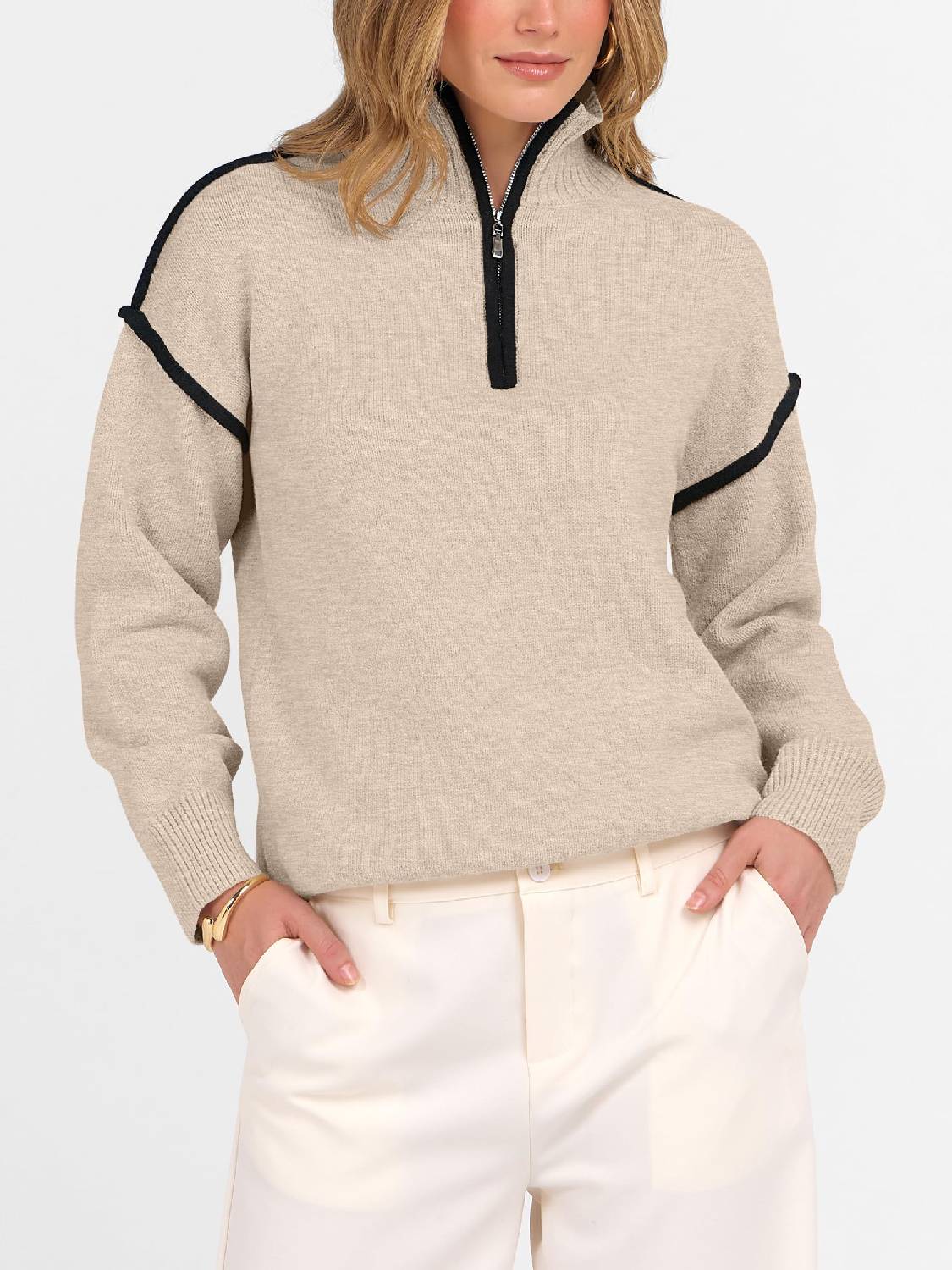 Womens Quarter Zip V Neck Shirts Collared Tops Knit Pullover Sweatshirts