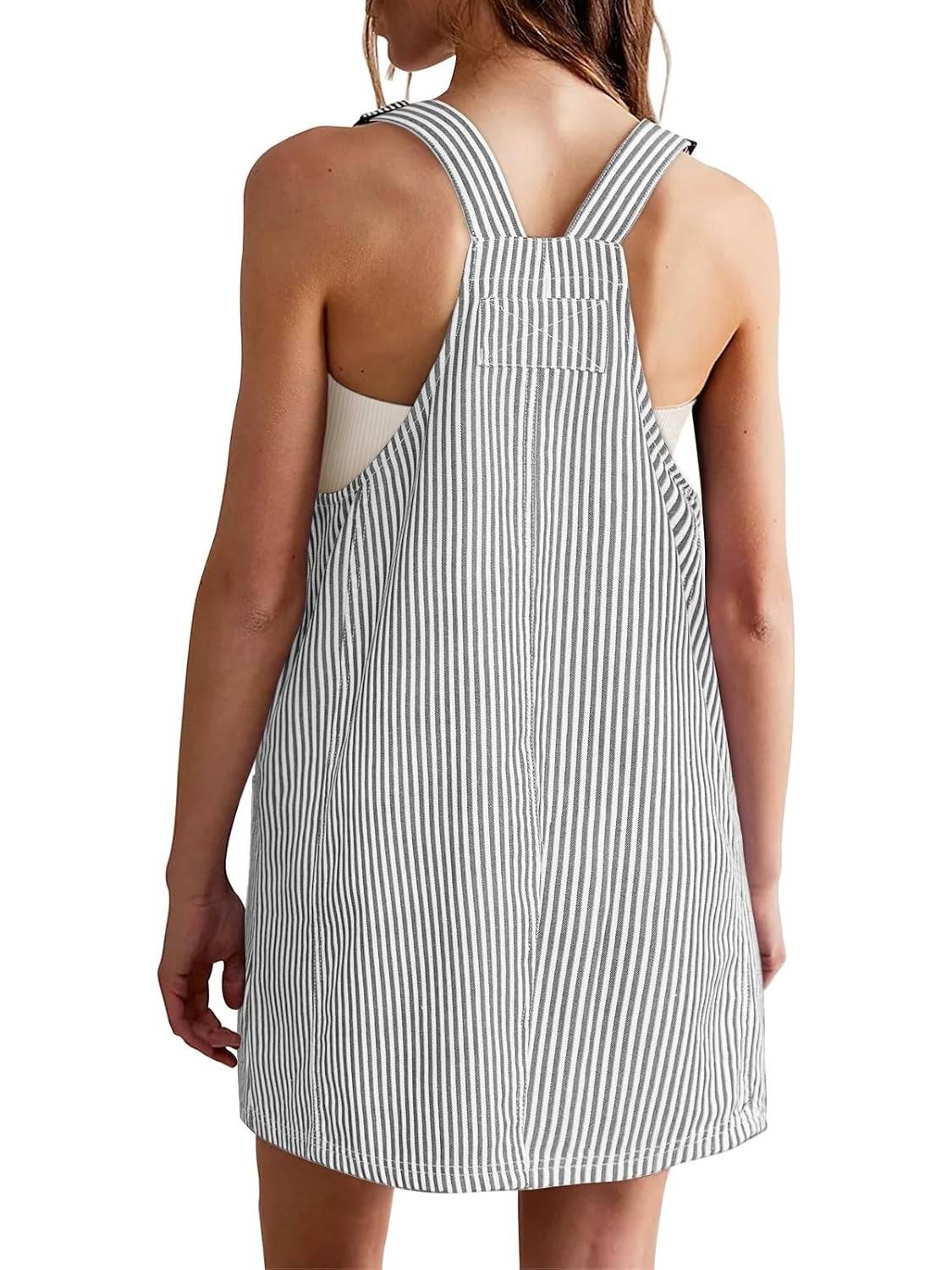 Womens Adjustable Straps Casual Denim Dress Summer Striped Overalls Romper
