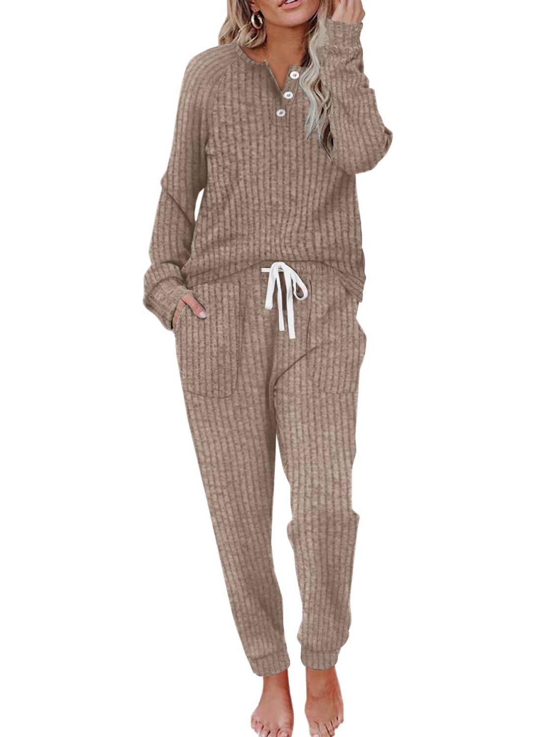 Women Lounge Sets Button Down Sweatshirt Sweatpants Two Piece Set with Pockets