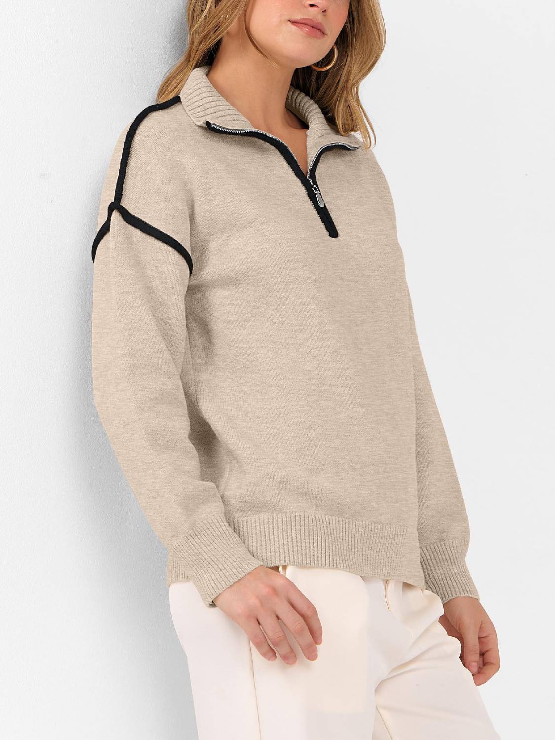 Womens Quarter Zip V Neck Shirts Collared Tops Knit Pullover Sweatshirts