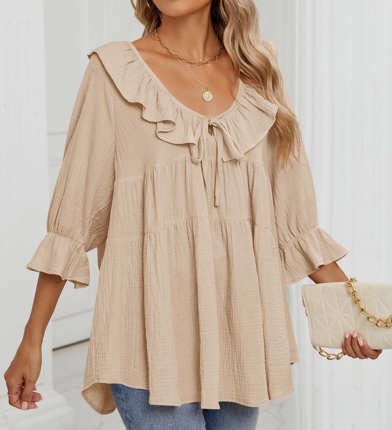 3/4 Sleeve Scoop Neck Tie Front Ruffle Tiered Peplum Loose Blouse Tops