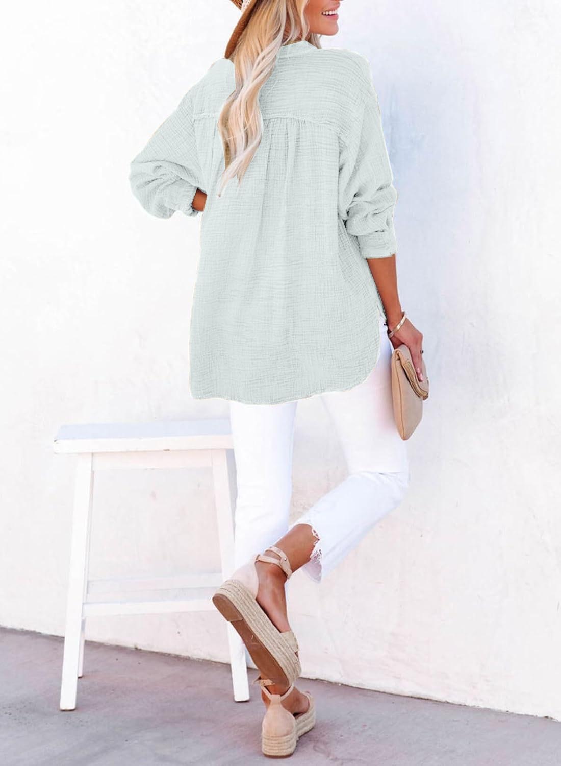 Womens Casual Gauze Muslin Button Neck Long Sleeve Oversized  Blouses Tops(BUY 2 FREE SHIPPING)