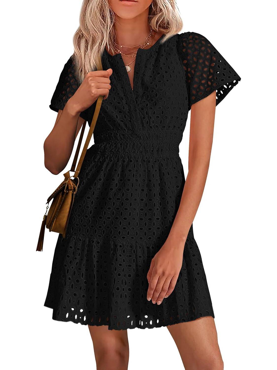 Women's Short Sleeve V Neck A Line Hollow Out Lace Dress