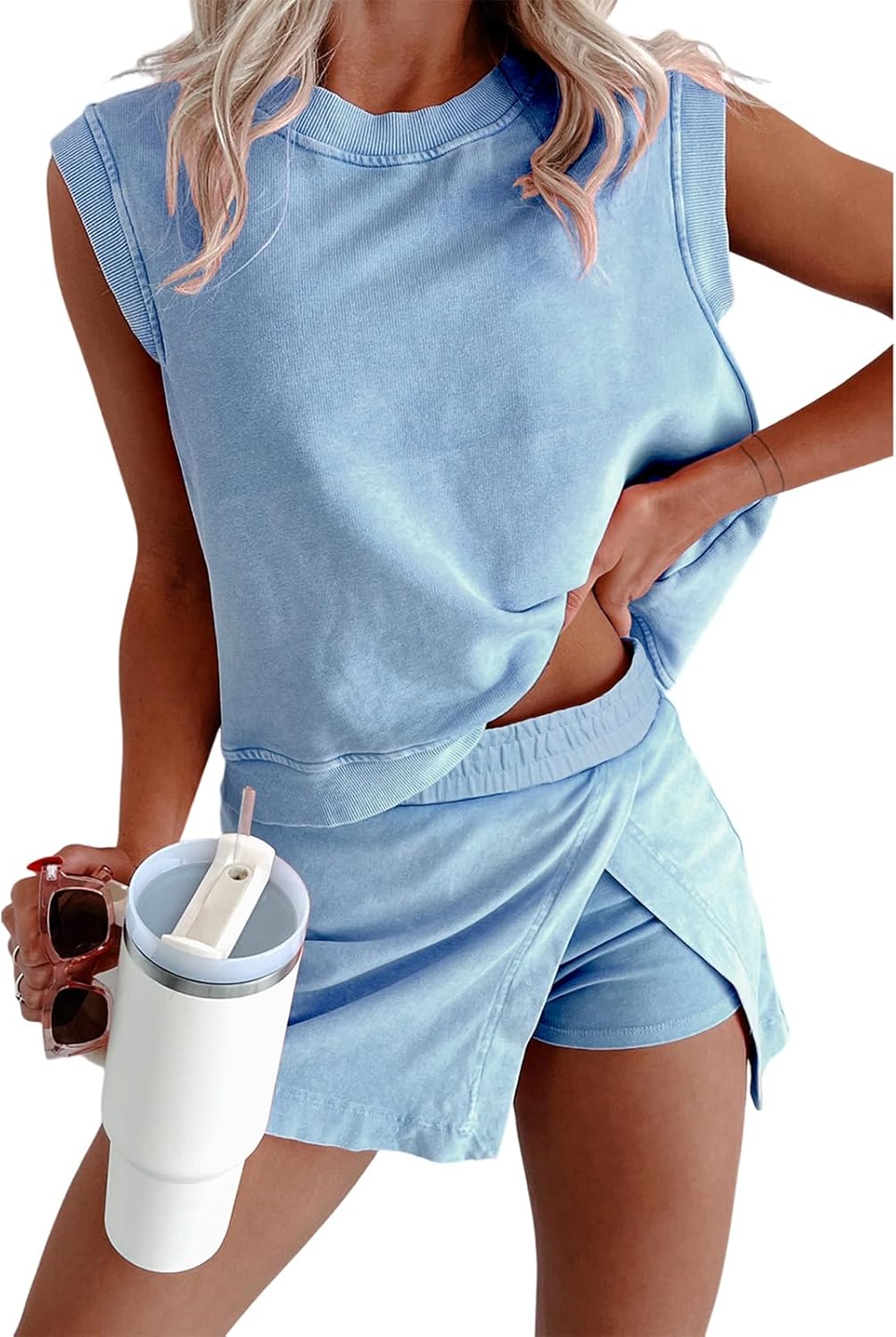 Women's Mineral Wash Tank & Lined Split Skort 2 Pieces Set