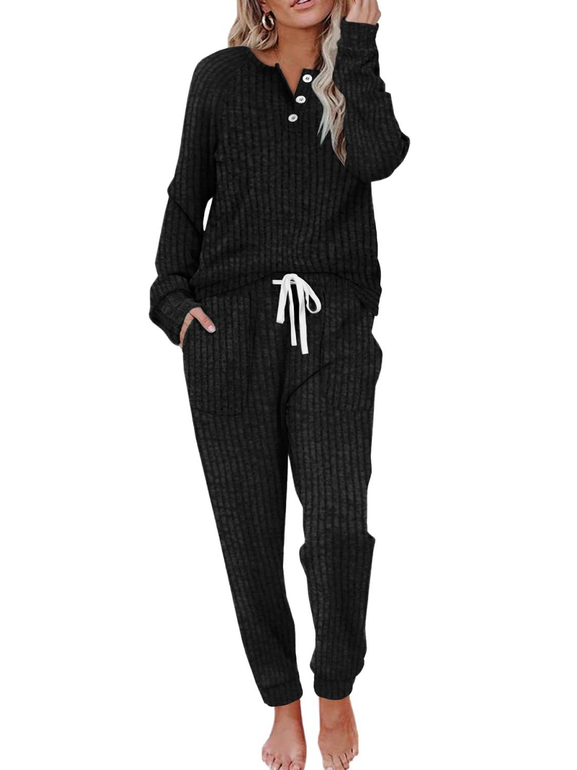 Women Lounge Sets Button Down Sweatshirt Sweatpants Two Piece Set with Pockets