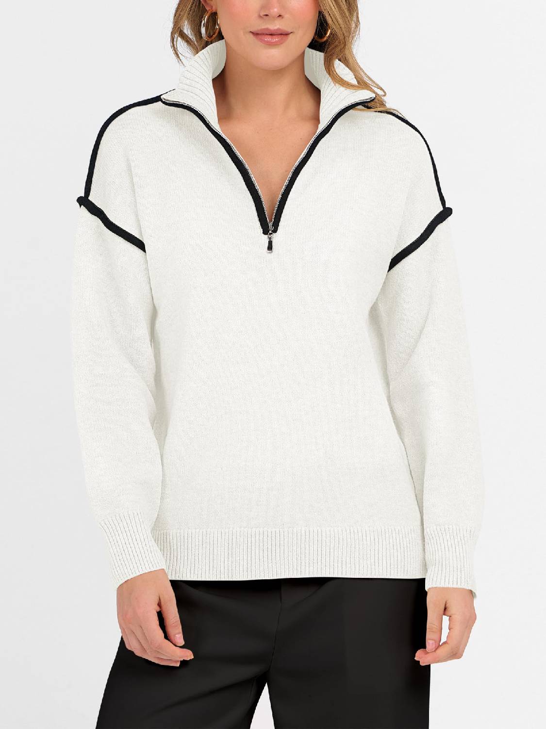 Womens Quarter Zip V Neck Shirts Collared Tops Knit Pullover Sweatshirts