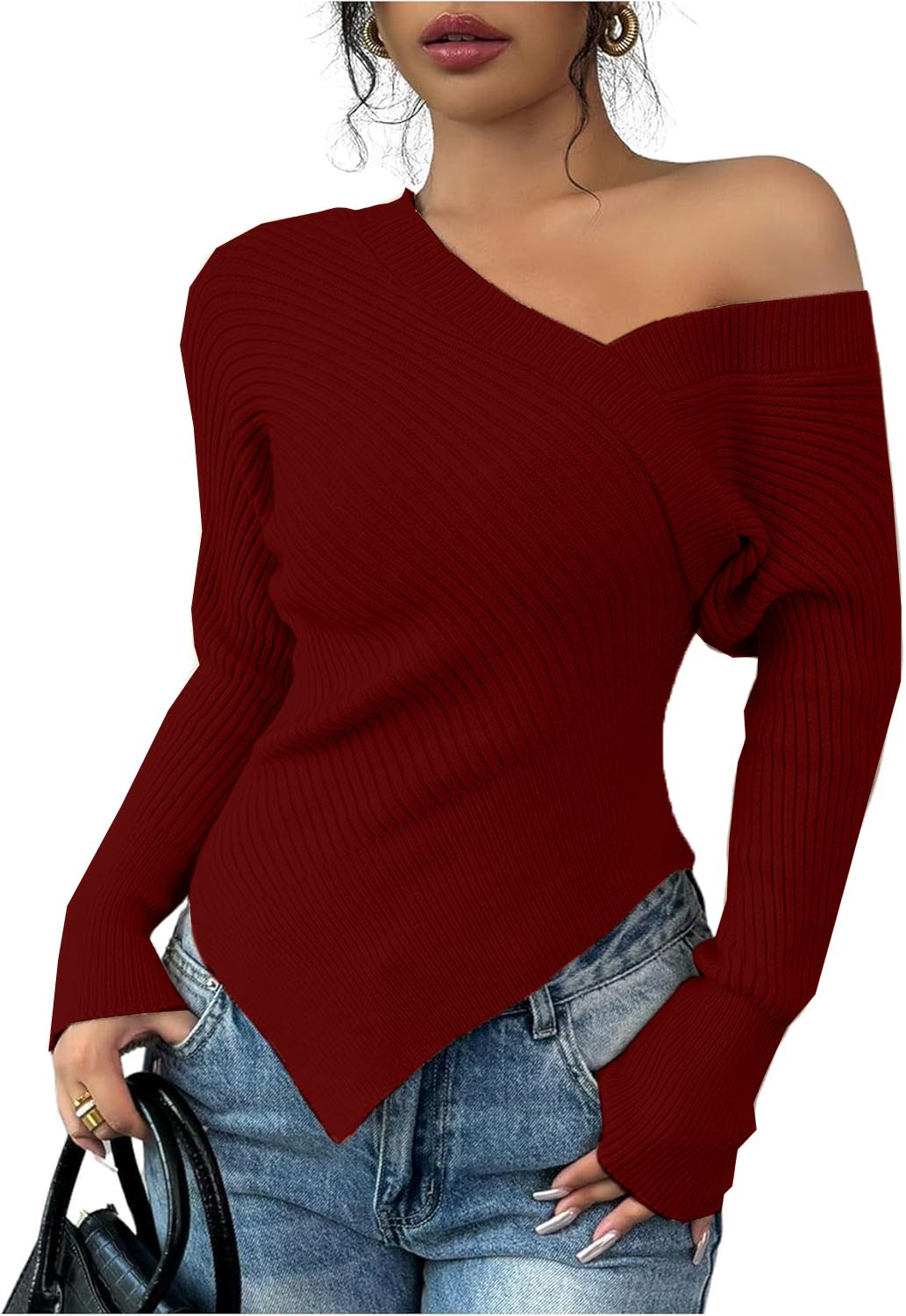 Women's Off Shoulder Ribbed Knit Wrap Asymmetrical Sweater(buy 2 free shipping)