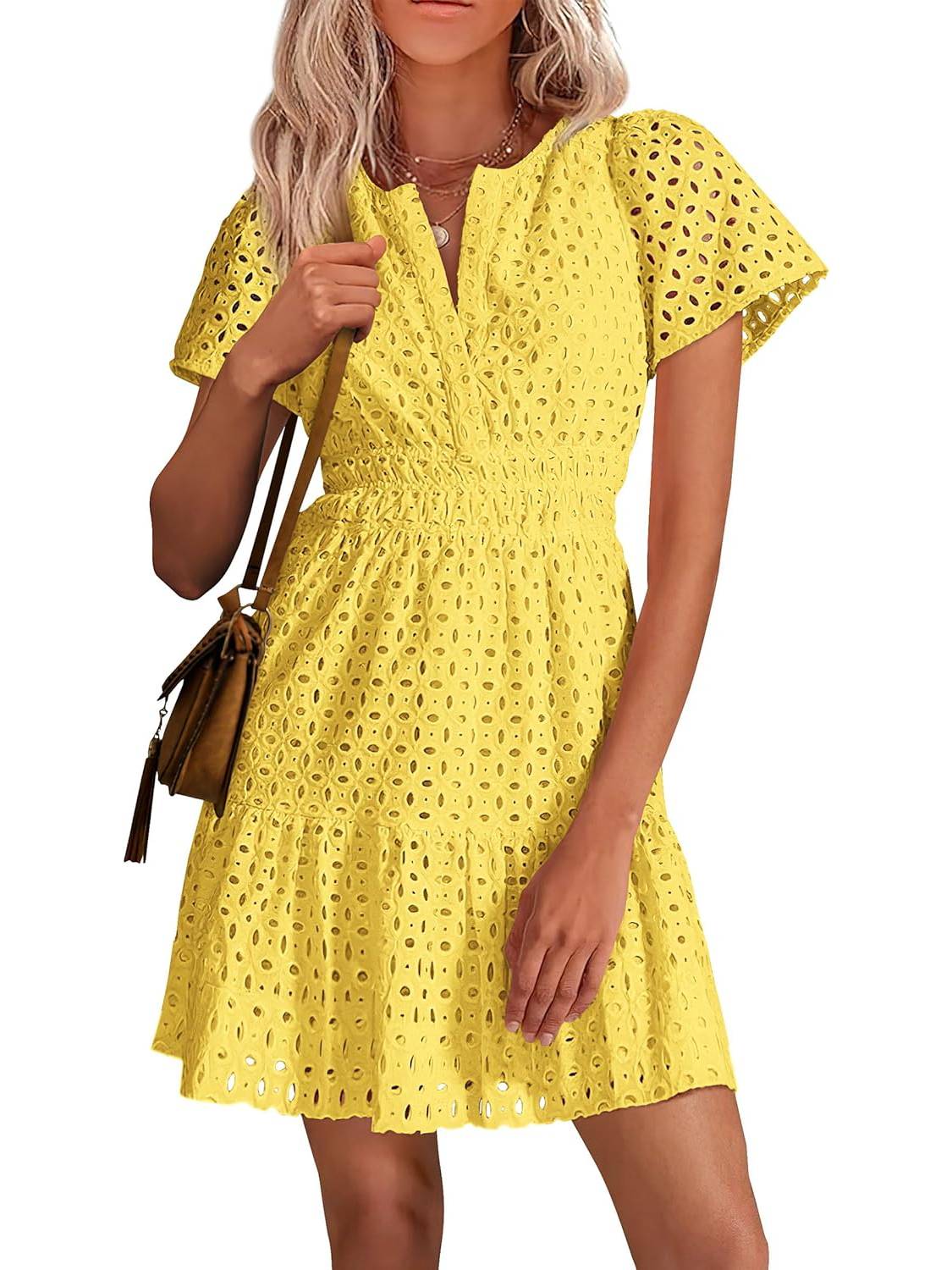 Women's Short Sleeve V Neck A Line Hollow Out Lace Dress