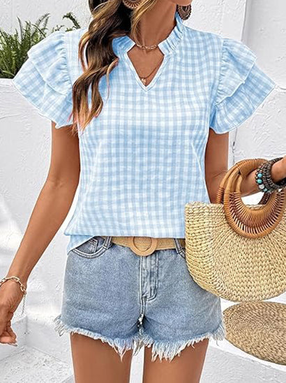 Womens V Neck Ruffle Short Sleeve Gingham Shirts