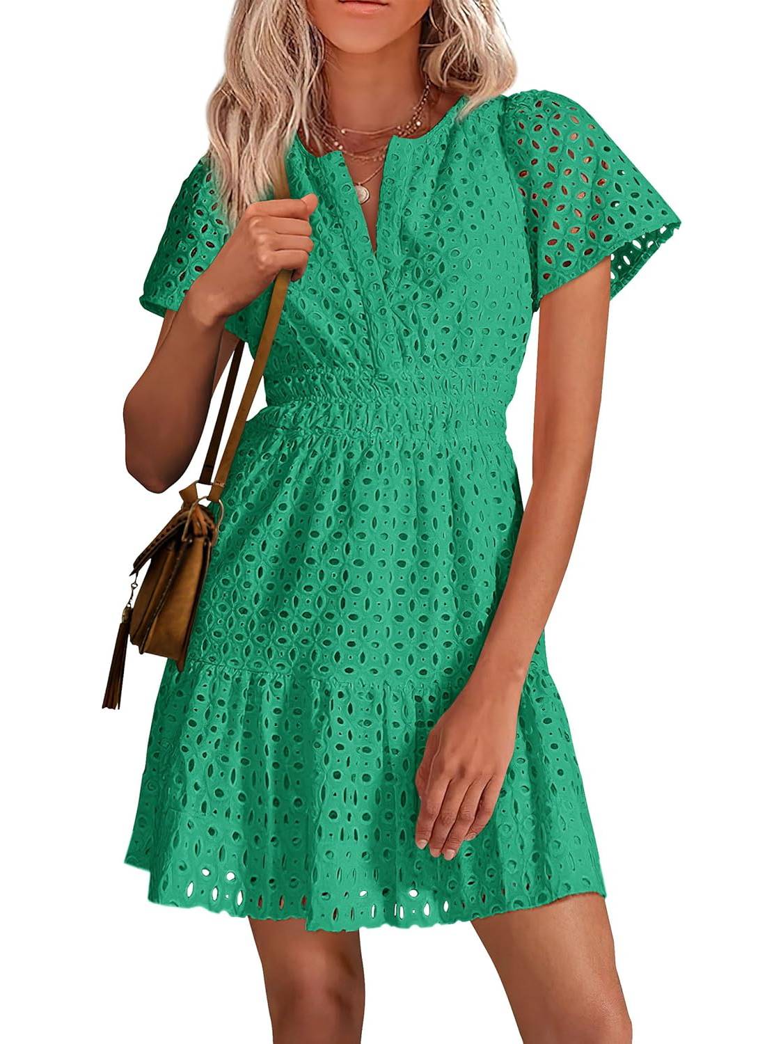 Women's Short Sleeve V Neck A Line Hollow Out Lace Dress