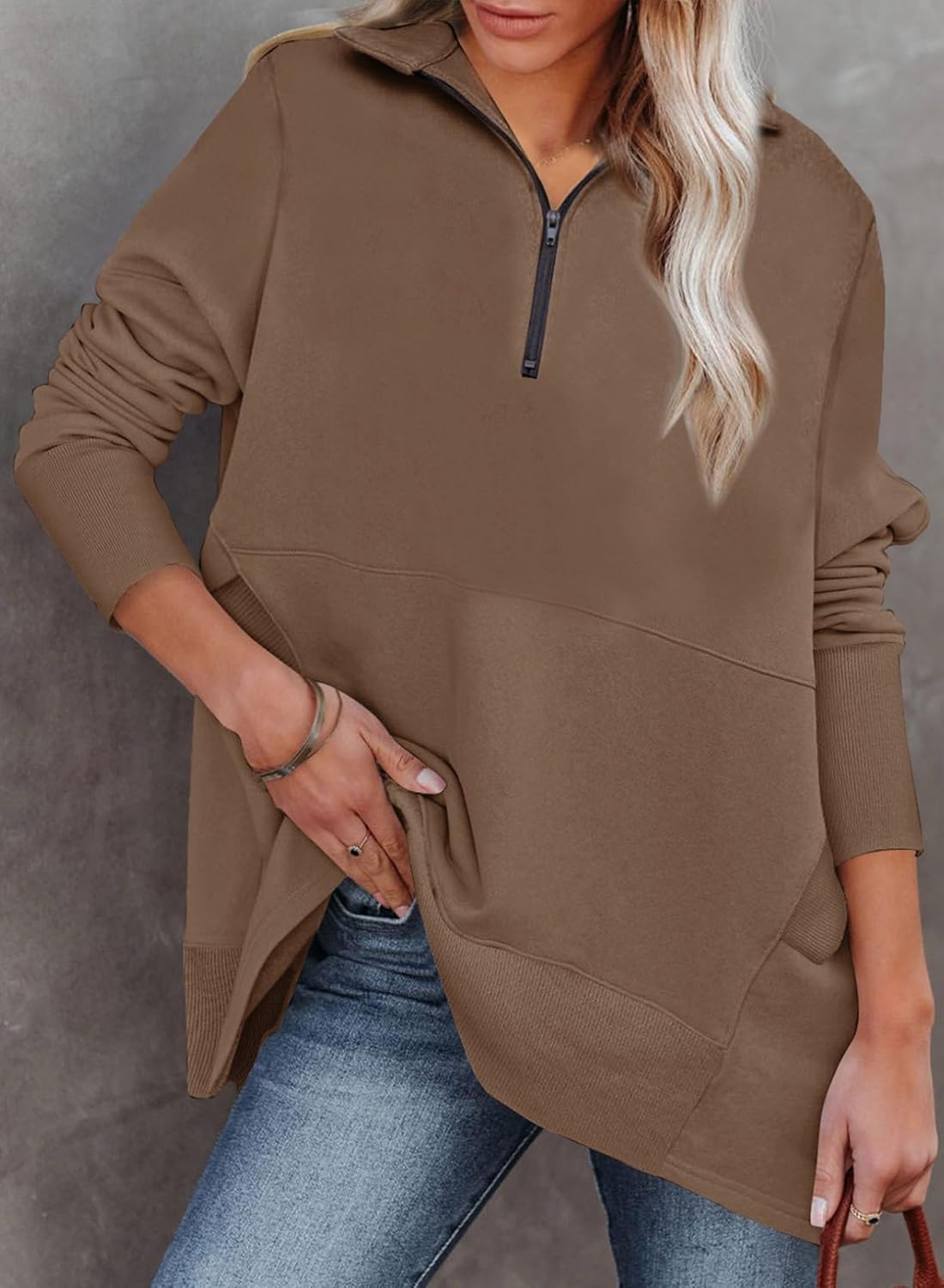 Women's Casual Oversized Half Zip Sweatshirts Long Sleeve Solid Color Pullover Jackets with Pockets(Buy 2 Free Shipping)