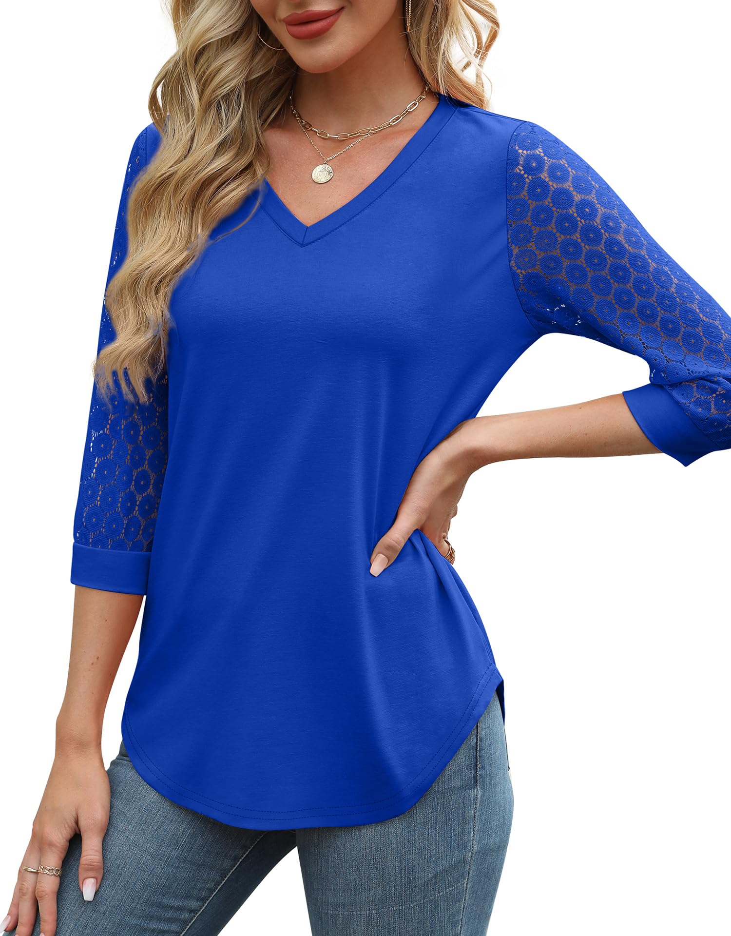 3/4 Length Sleeve Womens Tops V-Neck Lace Tunic Tops Business Casual Blouses (BUY 3 FREE SHIPPING)