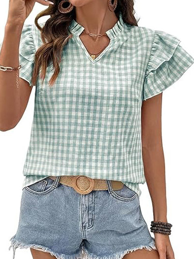 Womens V Neck Ruffle Short Sleeve Gingham Shirts
