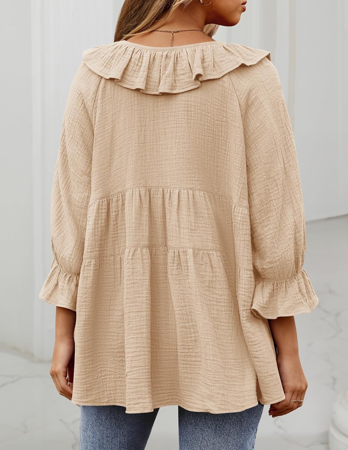 3/4 Sleeve Scoop Neck Tie Front Ruffle Tiered Peplum Loose Blouse Tops