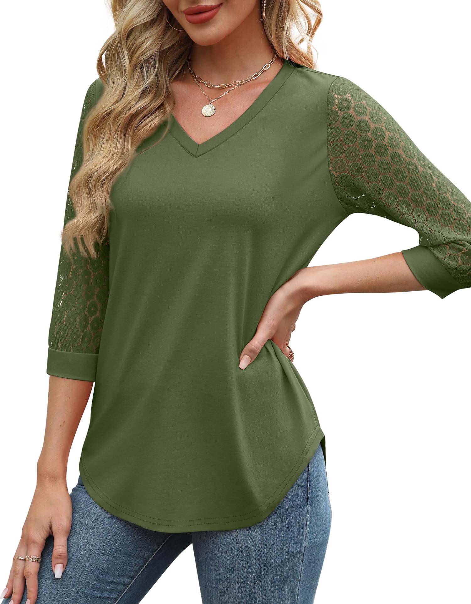 3/4 Length Sleeve Womens Tops V-Neck Lace Tunic Tops Business Casual Blouses (BUY 3 FREE SHIPPING)