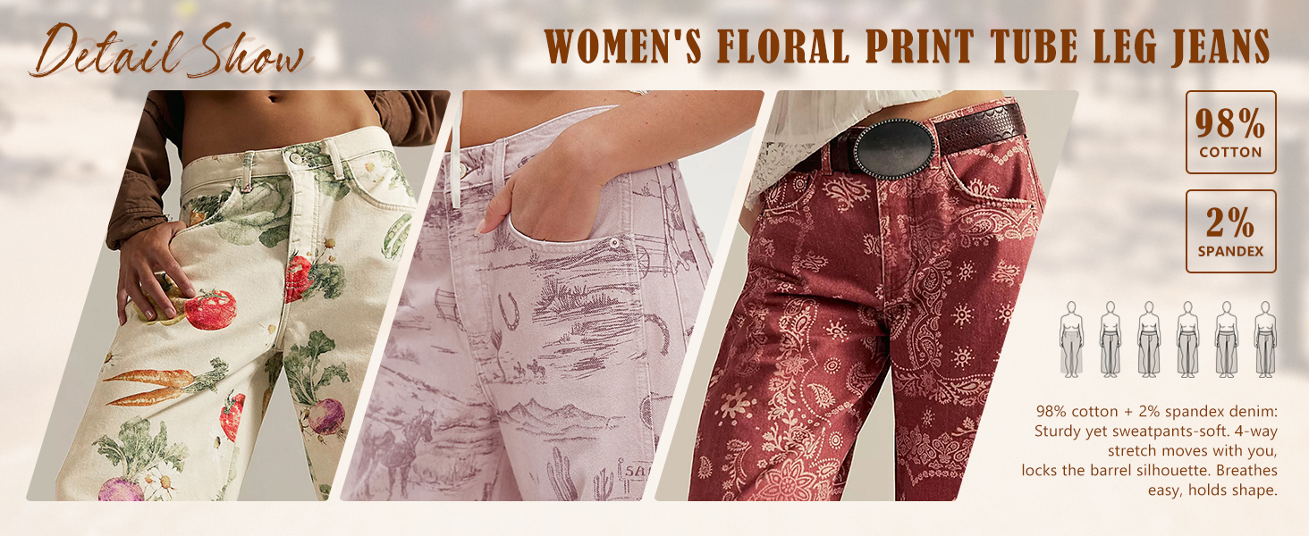 Women Baggy Barrel Jeans Floral Print Denim Pants Wide Leg Mid Rise Jeans