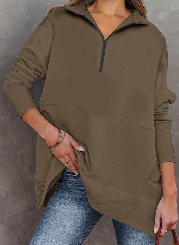 Women's Casual Oversized Half Zip Sweatshirts Long Sleeve Solid Color Pullover Jackets with Pockets(Buy 2 Free Shipping)