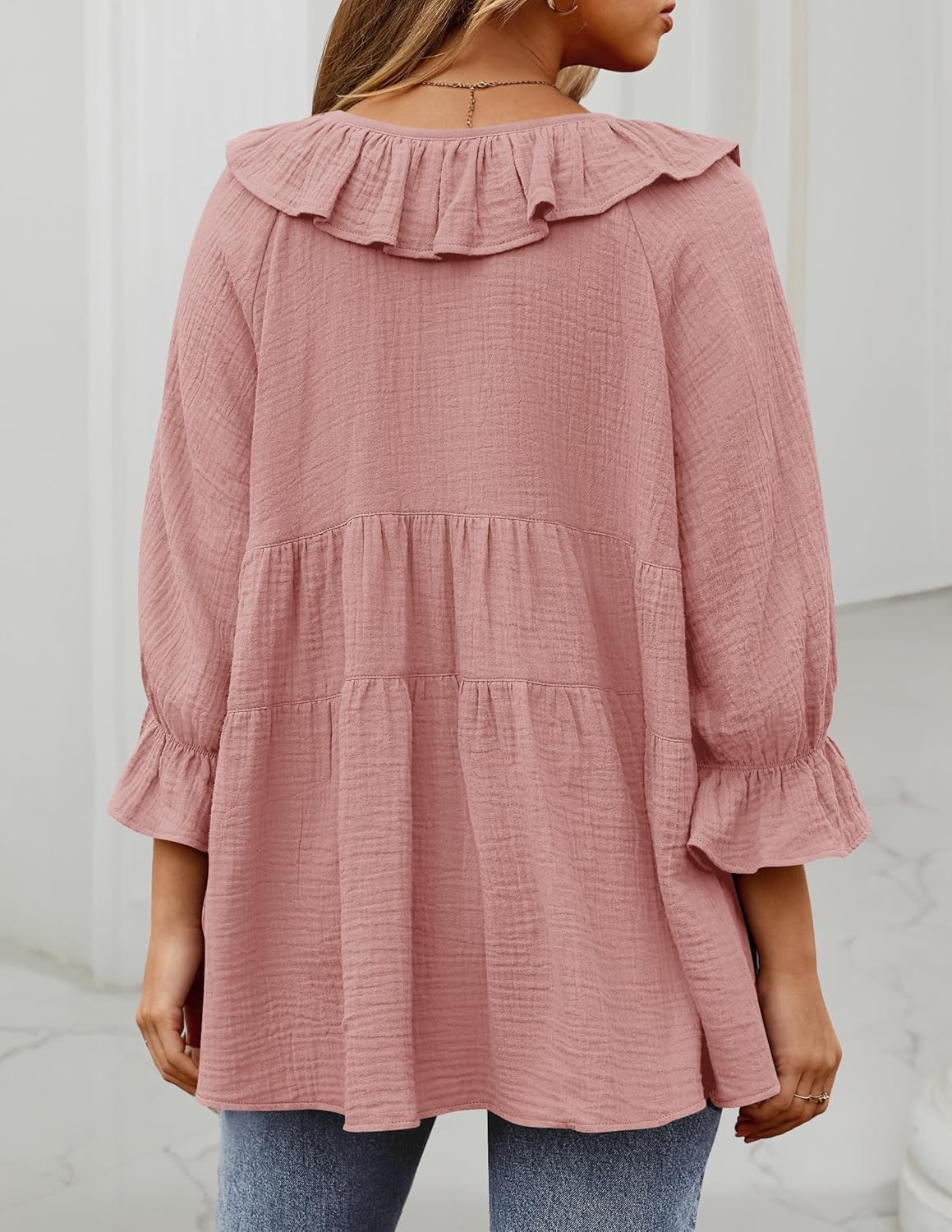 3/4 Sleeve Scoop Neck Tie Front Ruffle Tiered Peplum Loose Blouse Tops