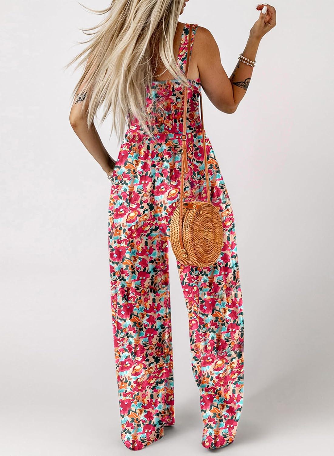 ⏰Hot Sale-Womens Overalls Casual Floral Print Sleeveless Jumpsuit with Pockets