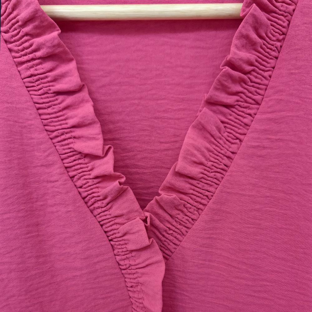 SageVell Ruffle Trim V - Neck Bright Pink Blouse, Smocked Cuffs & Front, Soft Textured Fabric, Chic Casual Style, Cute Basic Tops for Women Cotton Shirts Office Outfits Women Womenswear Shortsleeve Medium Fitted