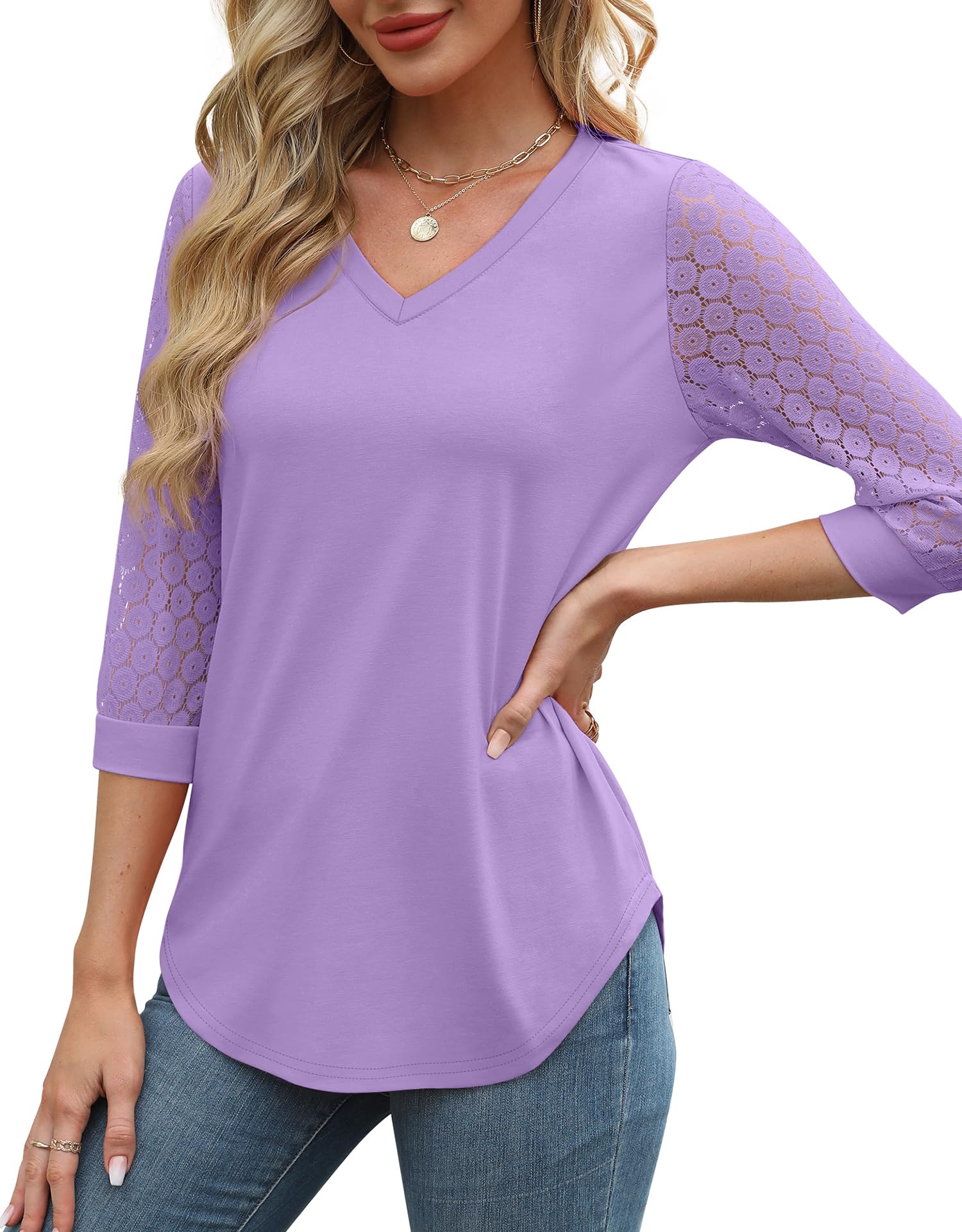3/4 Length Sleeve Womens Tops V-Neck Lace Tunic Tops Business Casual Blouses (BUY 3 FREE SHIPPING)