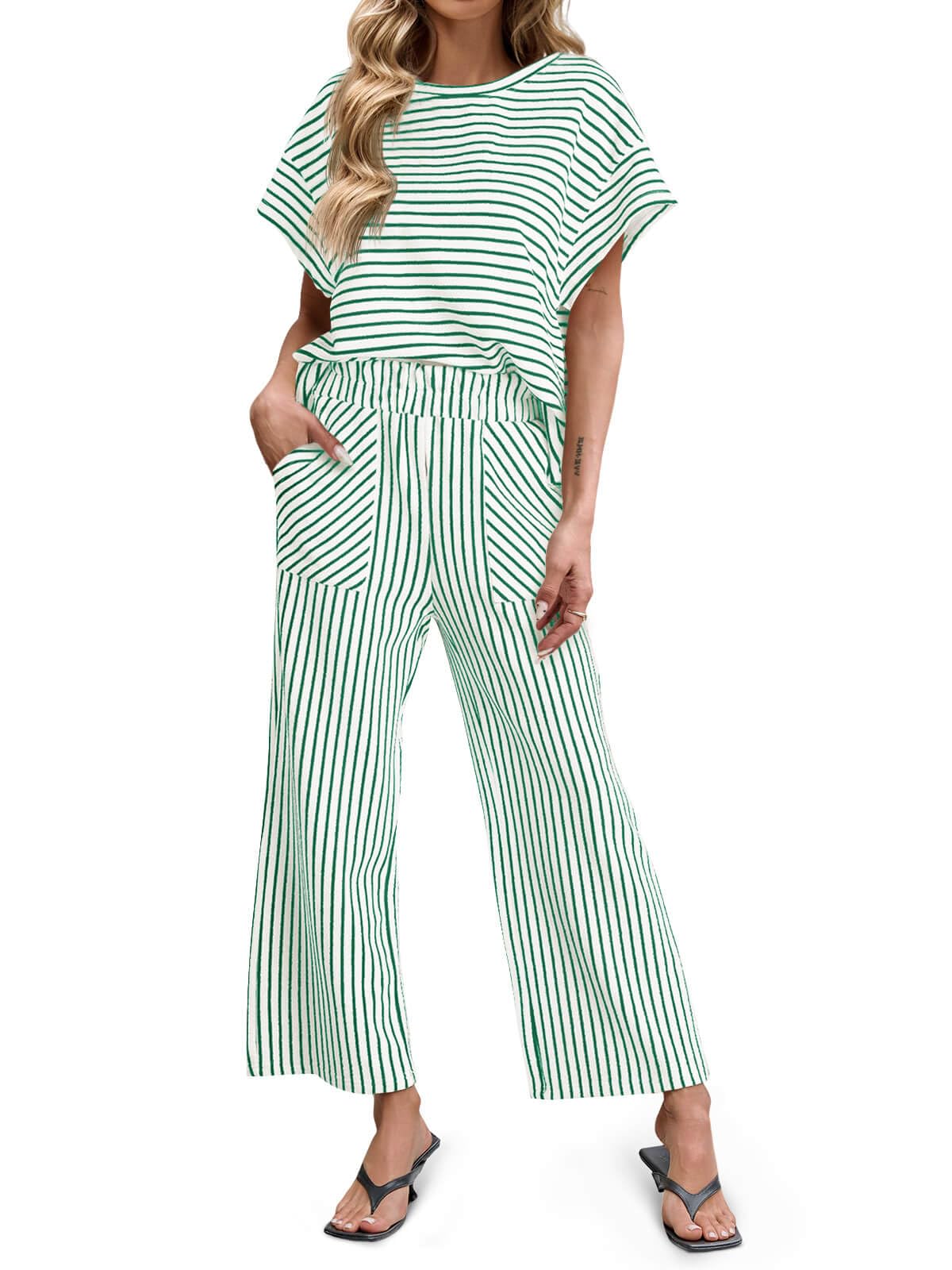 Womens Striped 2 Piece Sets Short Sleeve T Shirts Wide Leg Pants with Pockets