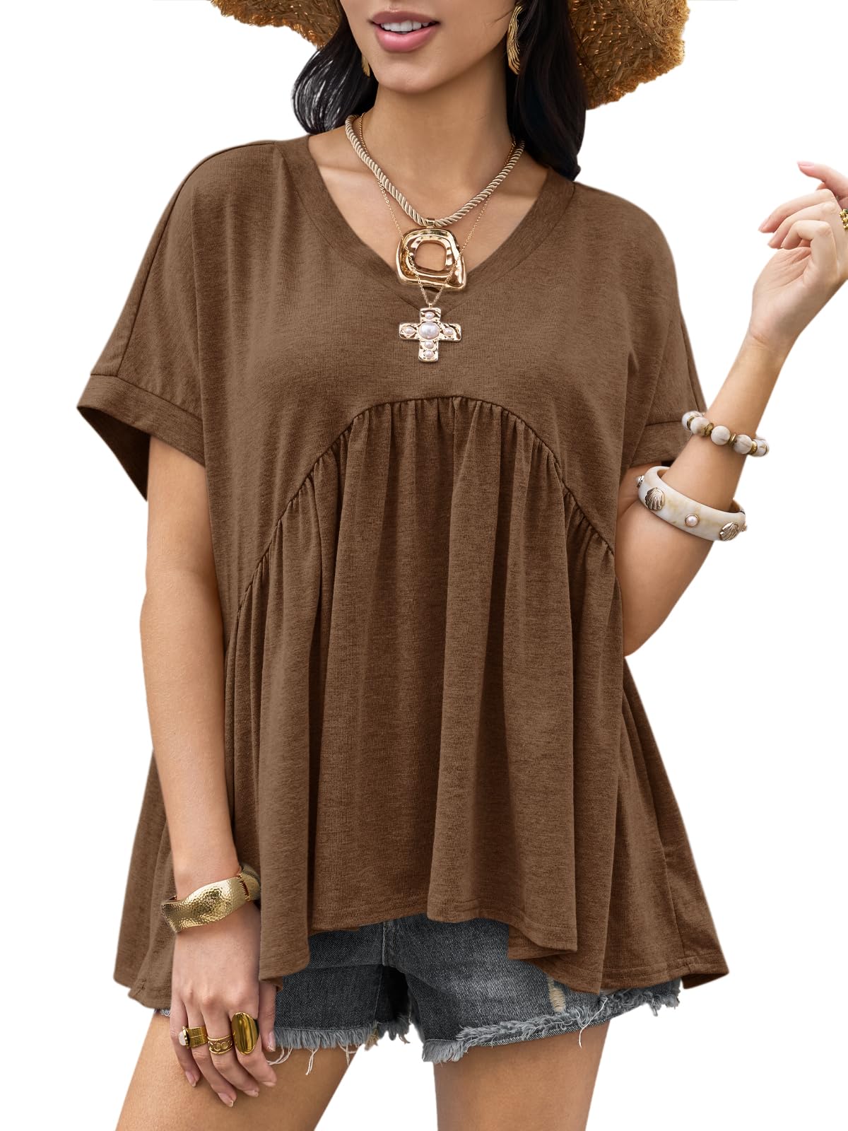 Womens Summer Peplum Tops Oversized Babydoll Short Sleeve V Neck T Shirts