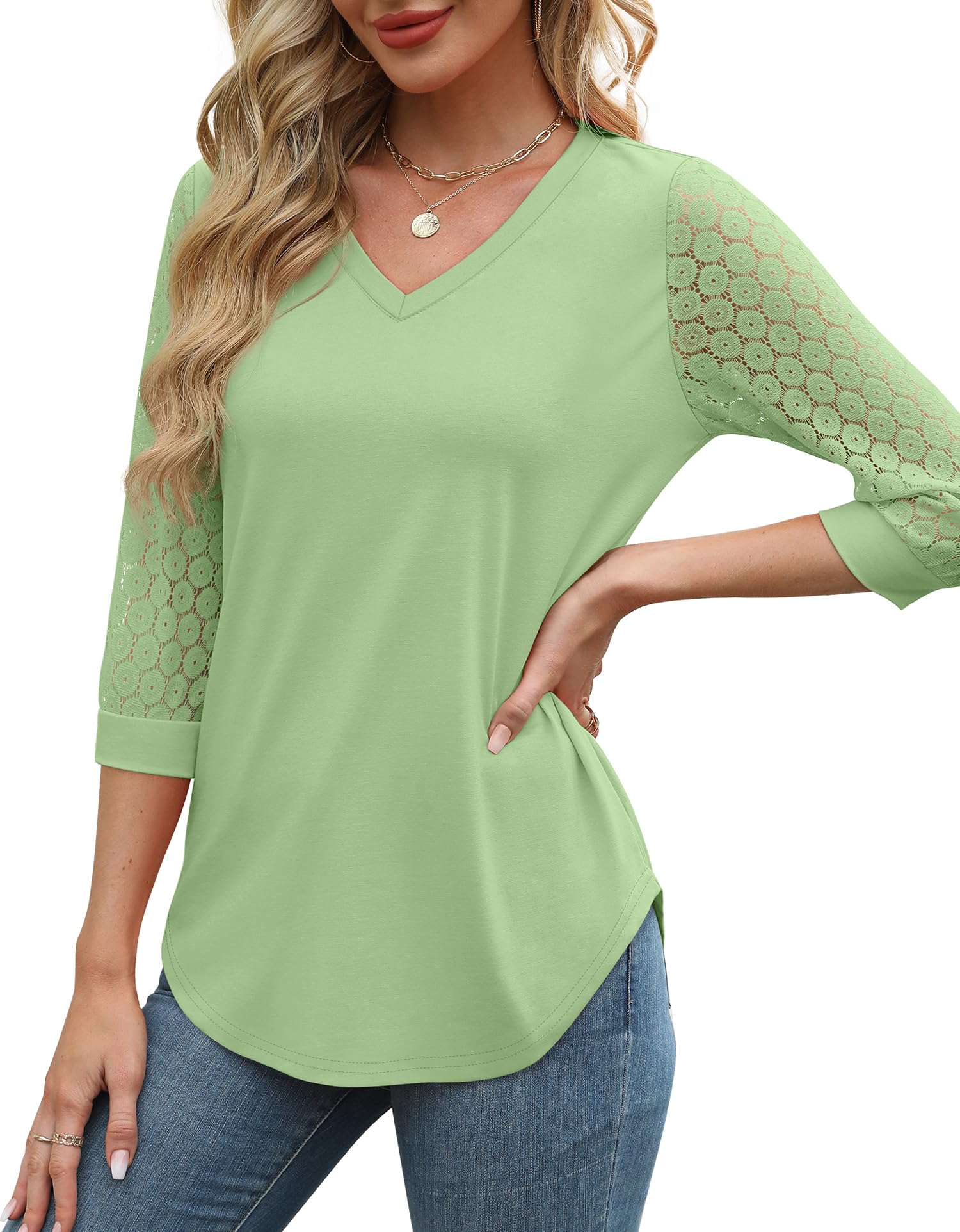 3/4 Length Sleeve Womens Tops V-Neck Lace Tunic Tops Business Casual Blouses (BUY 3 FREE SHIPPING)