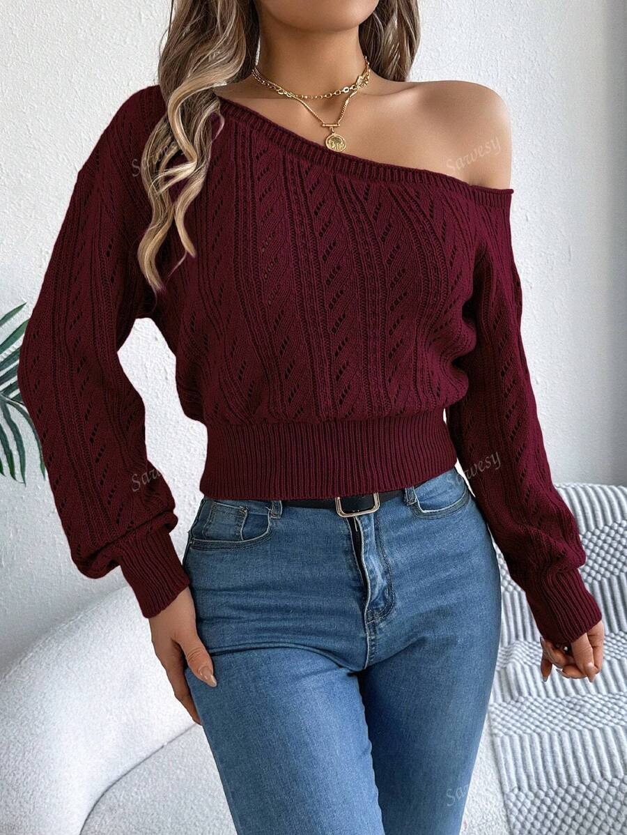 Women Asymmetric Shoulder Hollow-Out Long Sleeve Knit Pullover Sweater