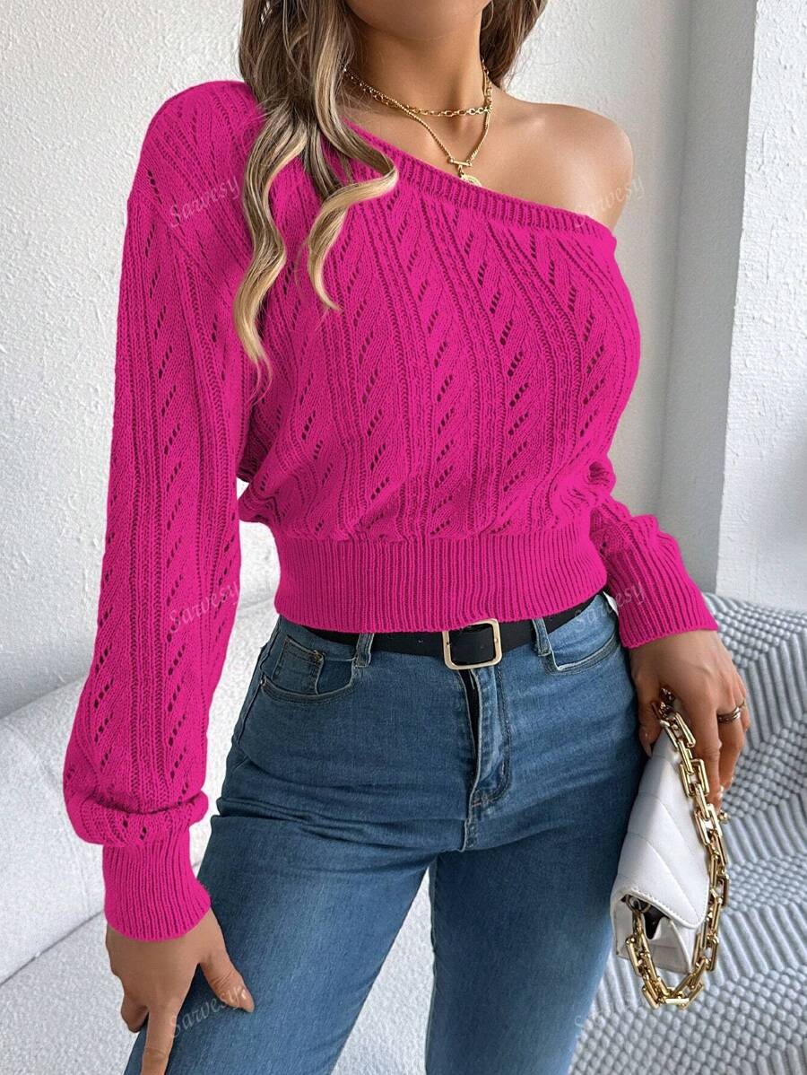 Women Asymmetric Shoulder Hollow-Out Long Sleeve Knit Pullover Sweater
