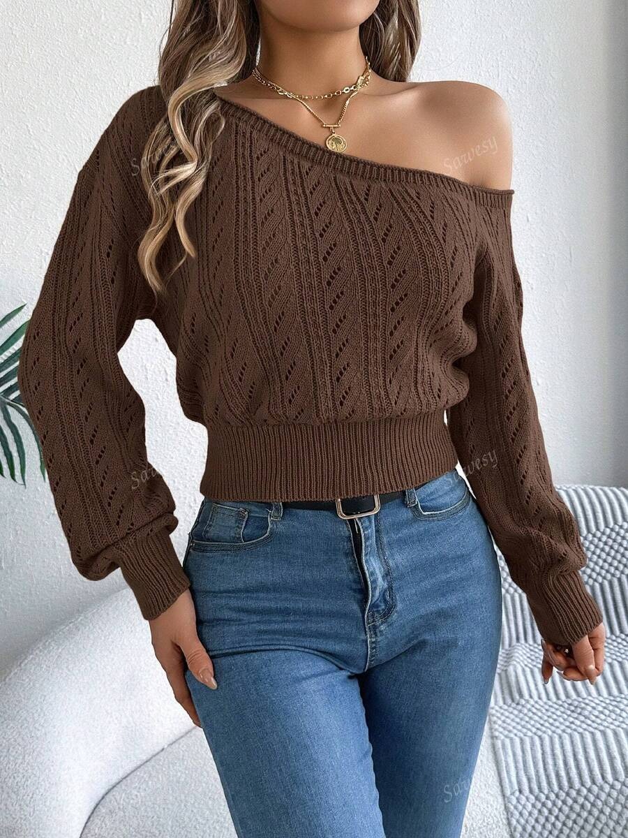 Women Asymmetric Shoulder Hollow-Out Long Sleeve Knit Pullover Sweater