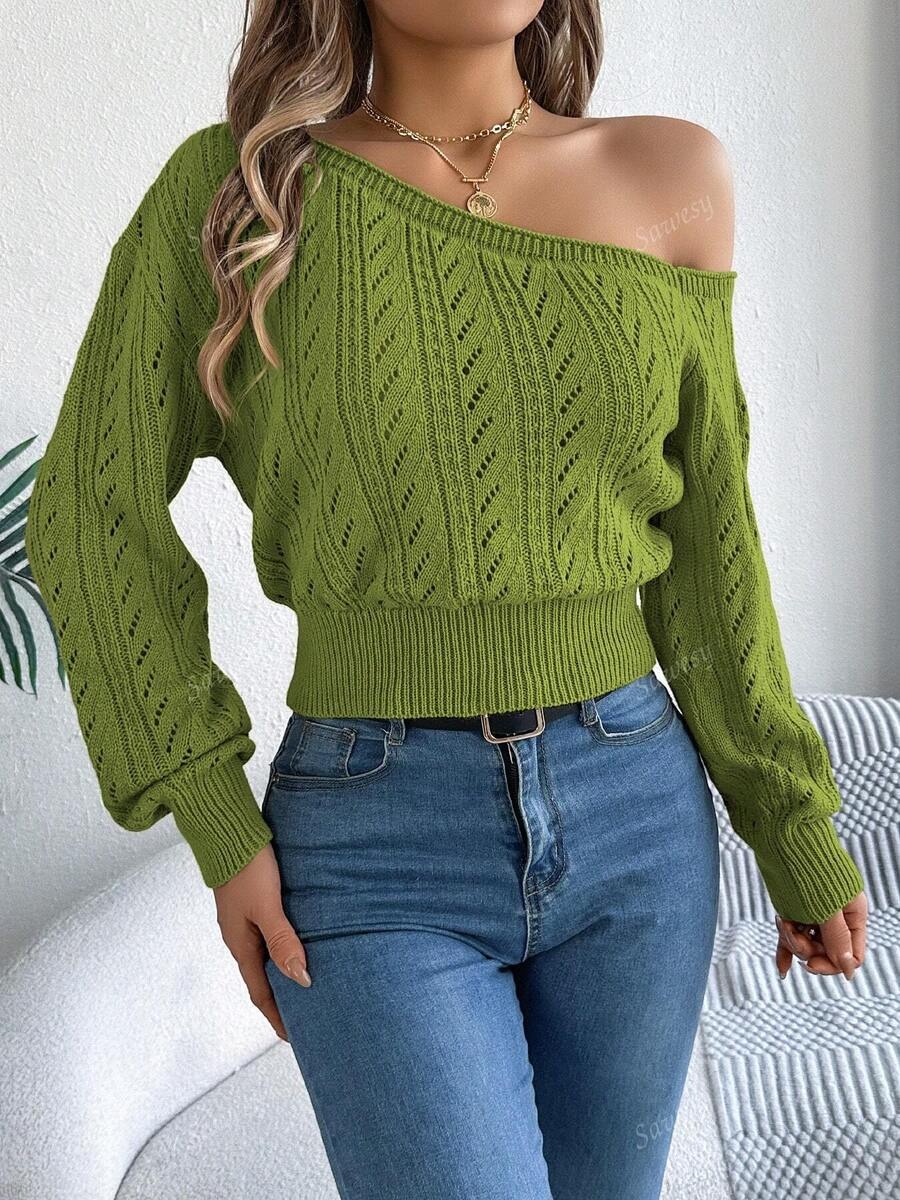 Women Asymmetric Shoulder Hollow-Out Long Sleeve Knit Pullover Sweater
