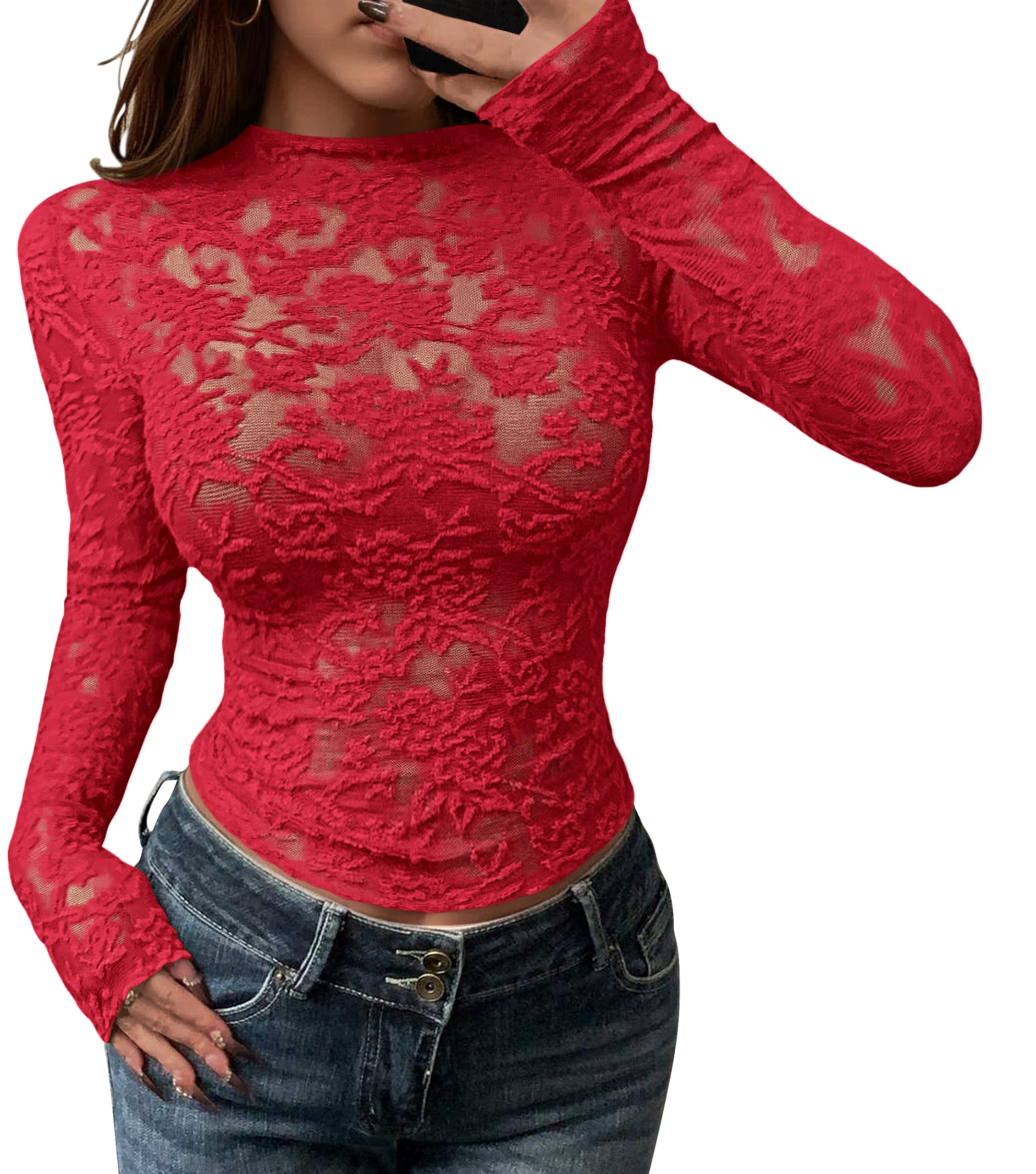 Women Lace Sexy Sheer Tight See Through Mesh Long Sleeve Tops(buy 2 free shipping)