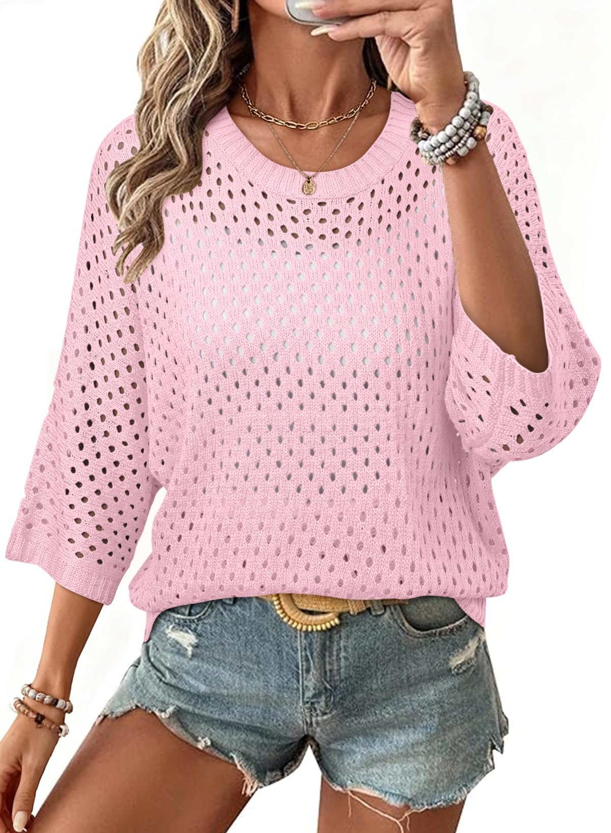 Womens Crew Neck 3/4 Length Sleeve Crochet Tops