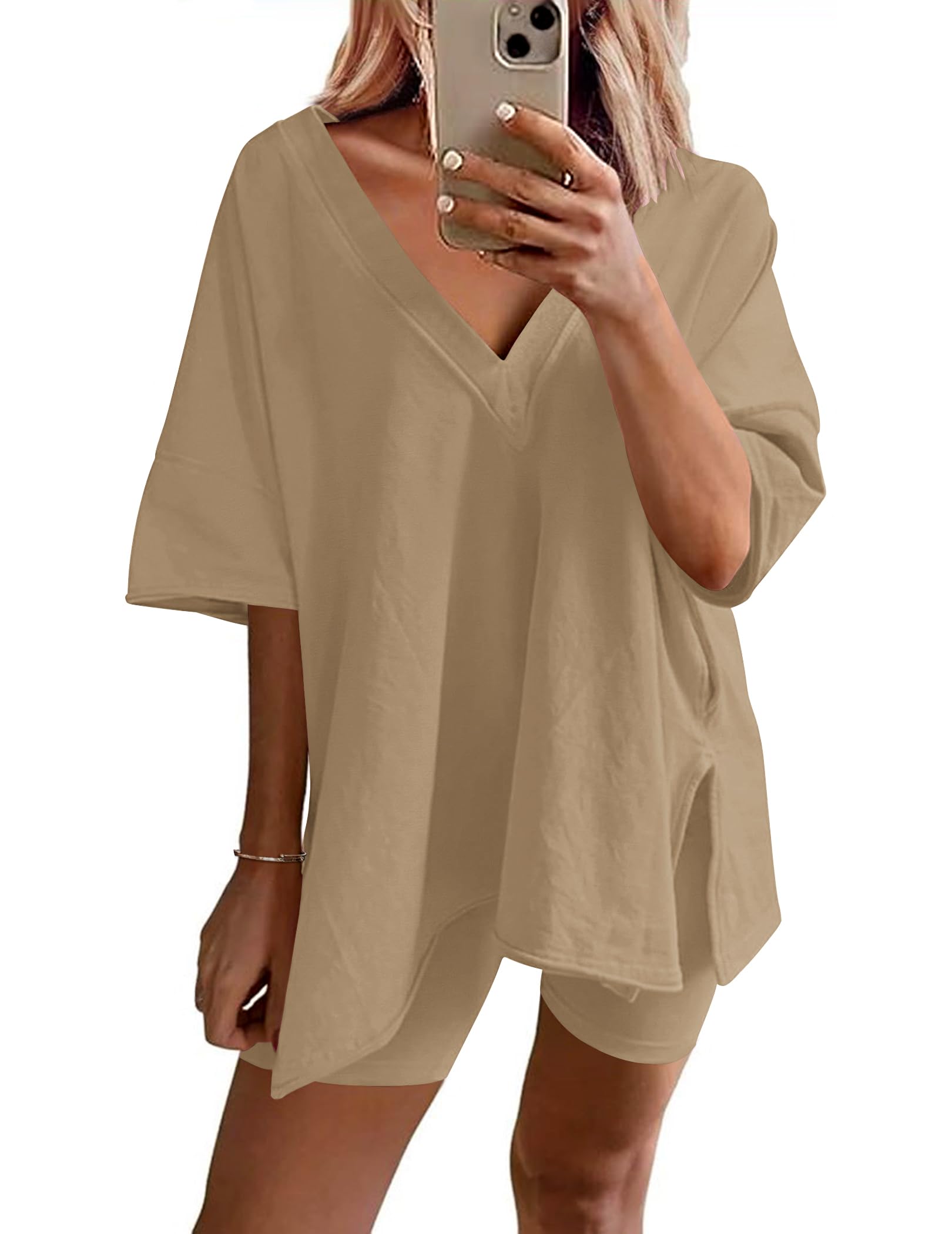 Womens Reversible Oversized V Neck T-Shirts Tops Biker Shorts Set 