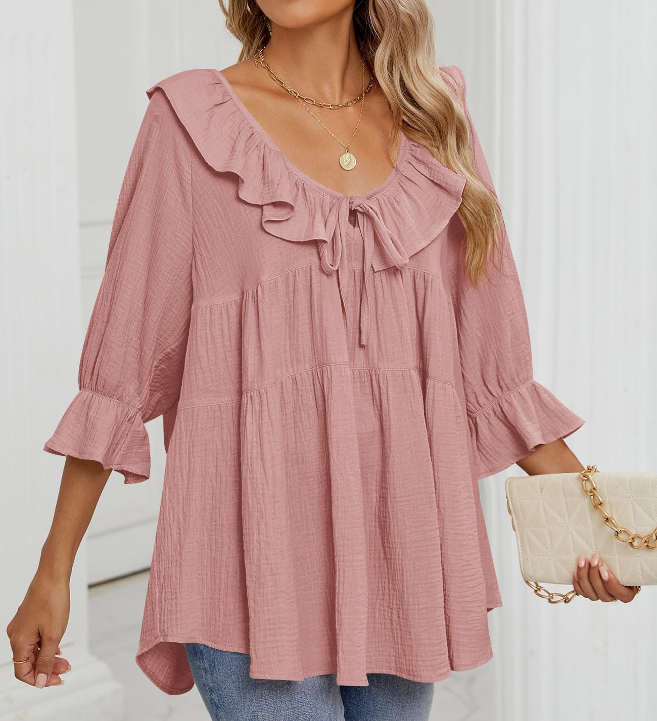 3/4 Sleeve Scoop Neck Tie Front Ruffle Tiered Peplum Loose Blouse Tops